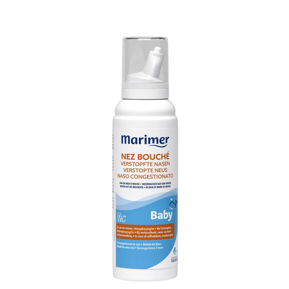 Marimer Baby neusspray. Witte fles met blauw etiket. Bevat tekst in het Frans.
