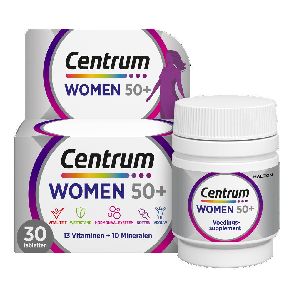 Centrum Women 50+ verpakking en fles. Bevat 13 vitaminen en 10 mineralen. Paars en wit.