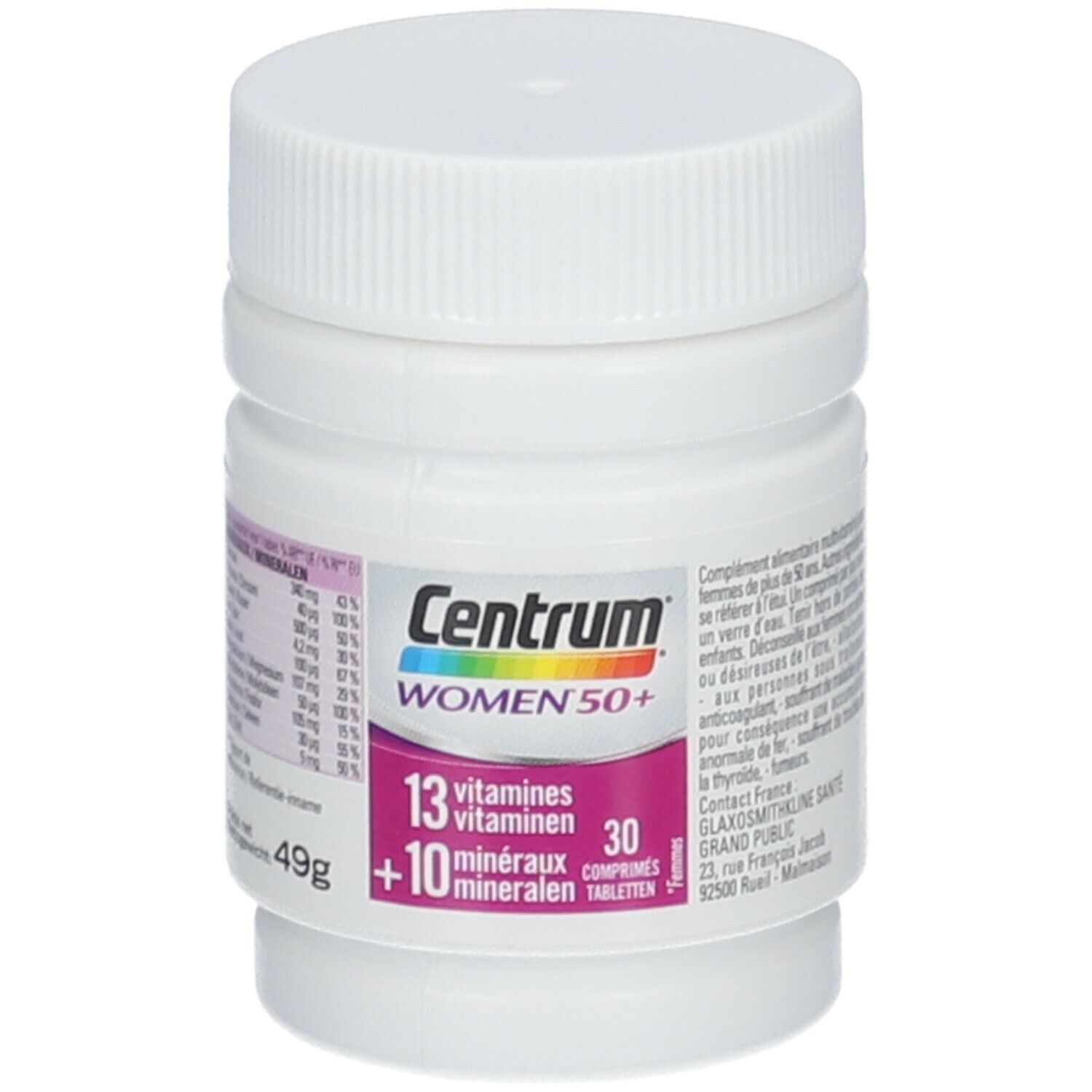Centrum Women 50+ fles. Bevat 13 vitaminen en 10 mineralen. Witte fles met paars etiket.
