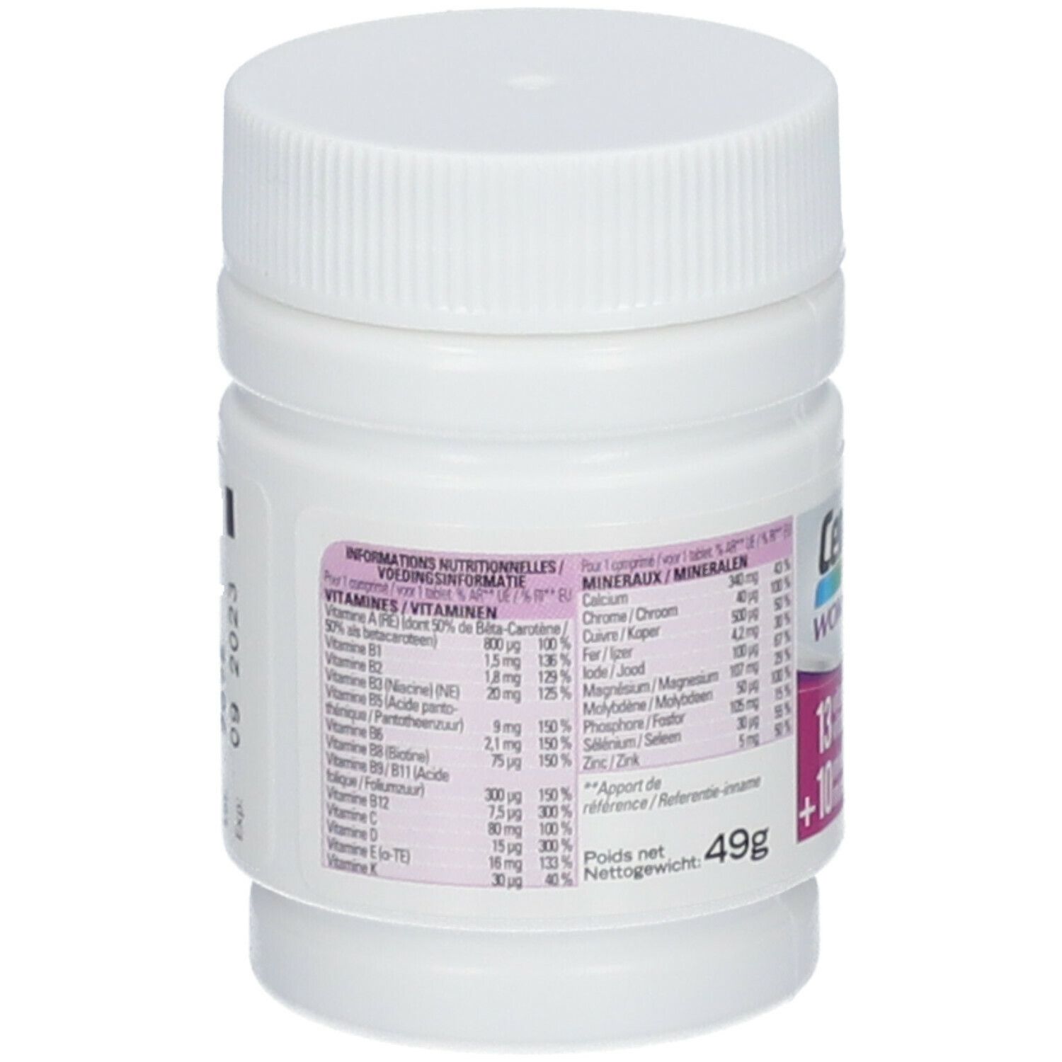 Centrum Women 50+ fles. Bevat 13 vitaminen en 10 mineralen. Witte fles met paars etiket.
