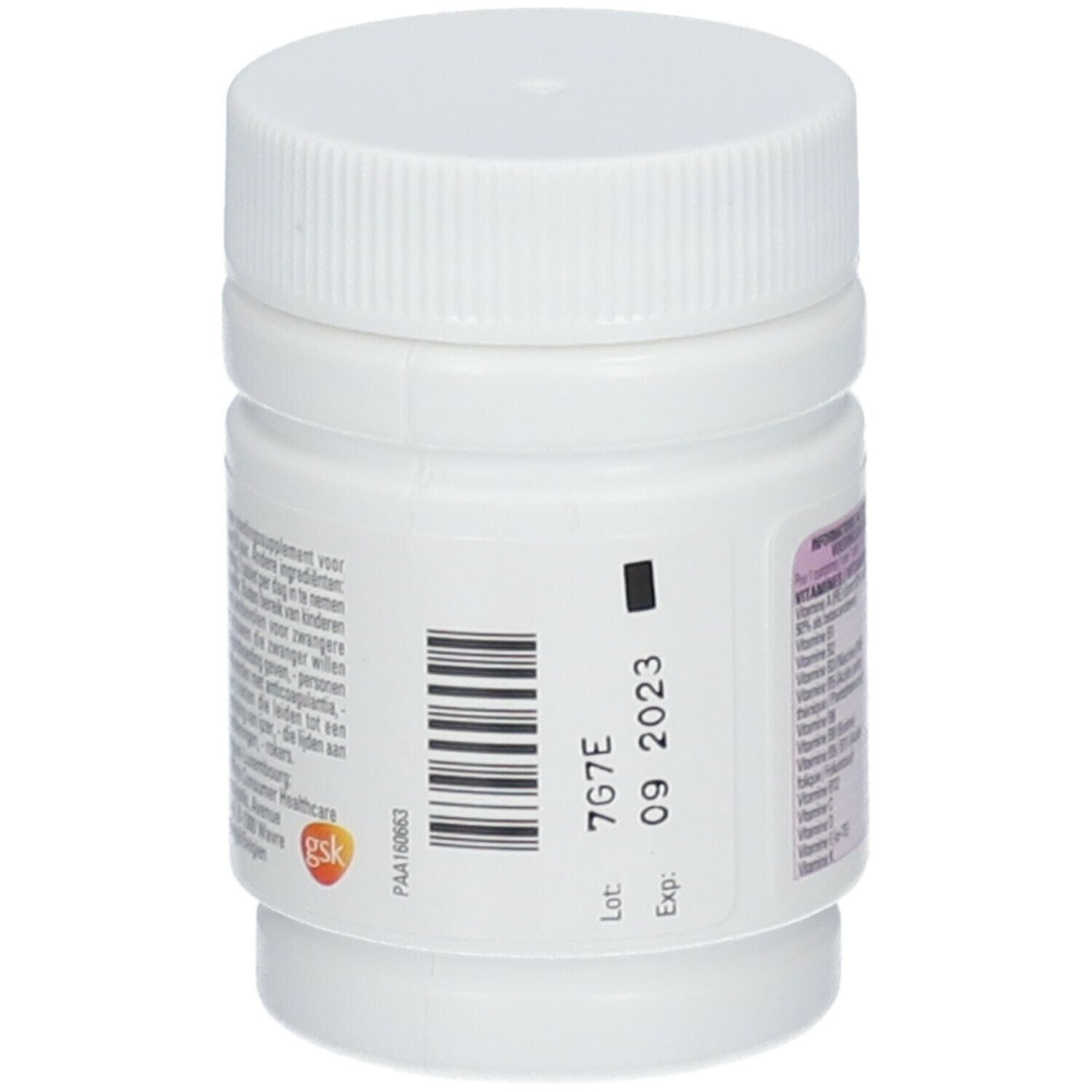Achterkant van de Centrum Women 50+ fles. Bevat informatie over ingrediënten en vervaldatum.