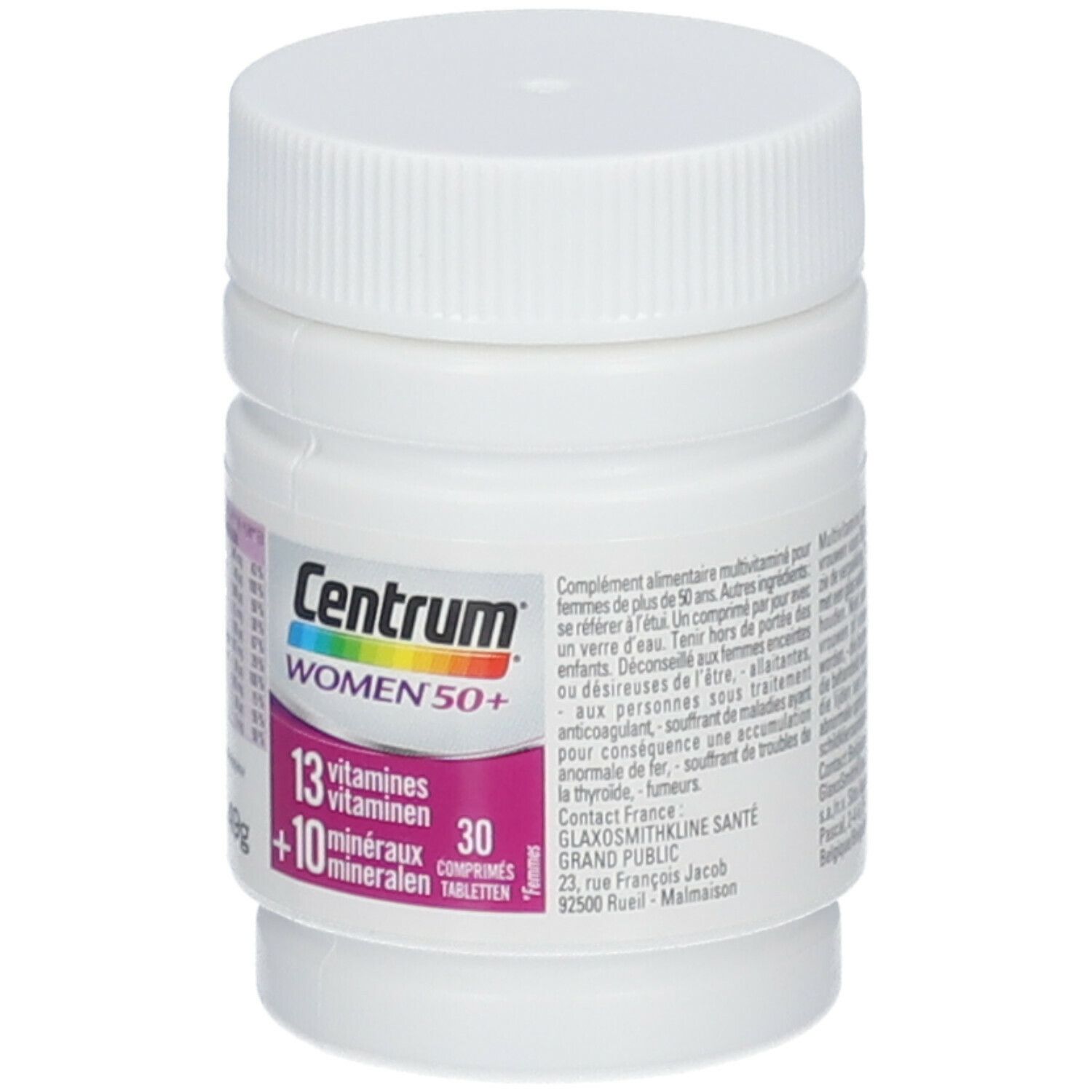 Centrum Women 50+ fles. Bevat 13 vitaminen en 10 mineralen. Witte fles met paars etiket.