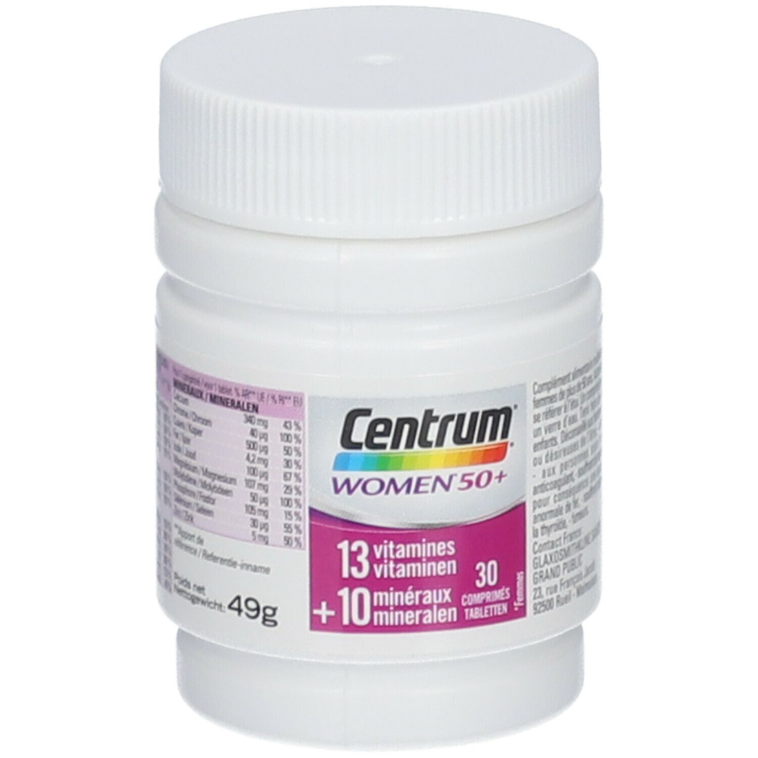 Centrum Women 50+ fles. Bevat 13 vitaminen en 10 mineralen. Witte fles met paars etiket.
