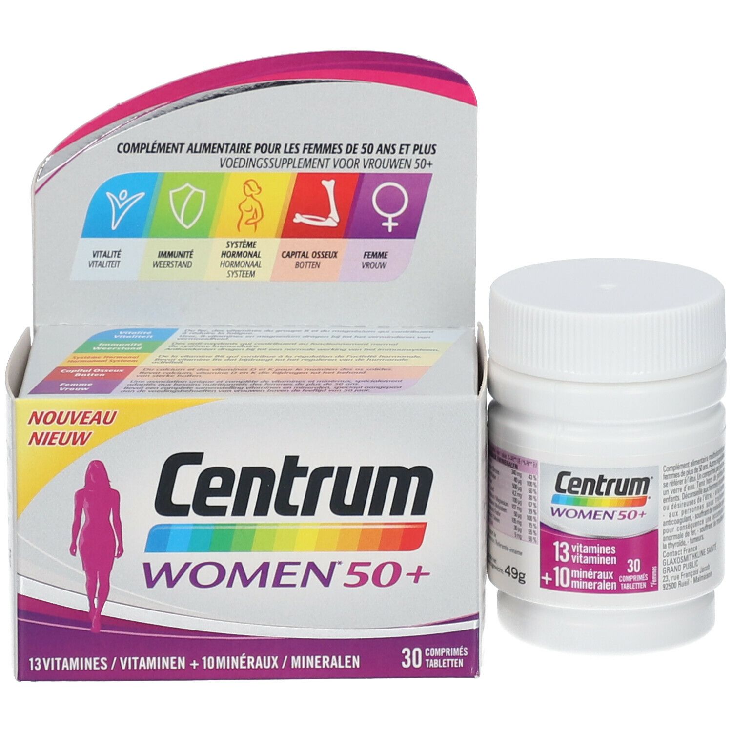 Centrum Women 50+ verpakking en fles. Bevat 13 vitaminen en 10 mineralen. Paars en wit.
