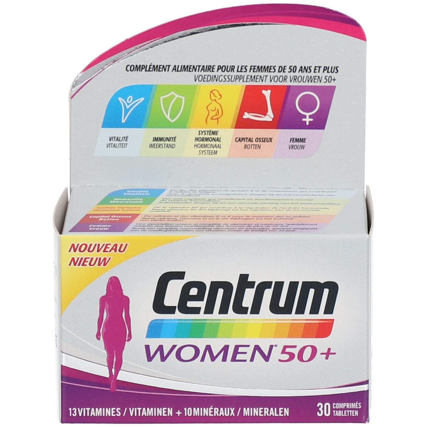 Centrum Women 50+ verpakking. Bevat 13 vitaminen en 10 mineralen. Paars en wit.