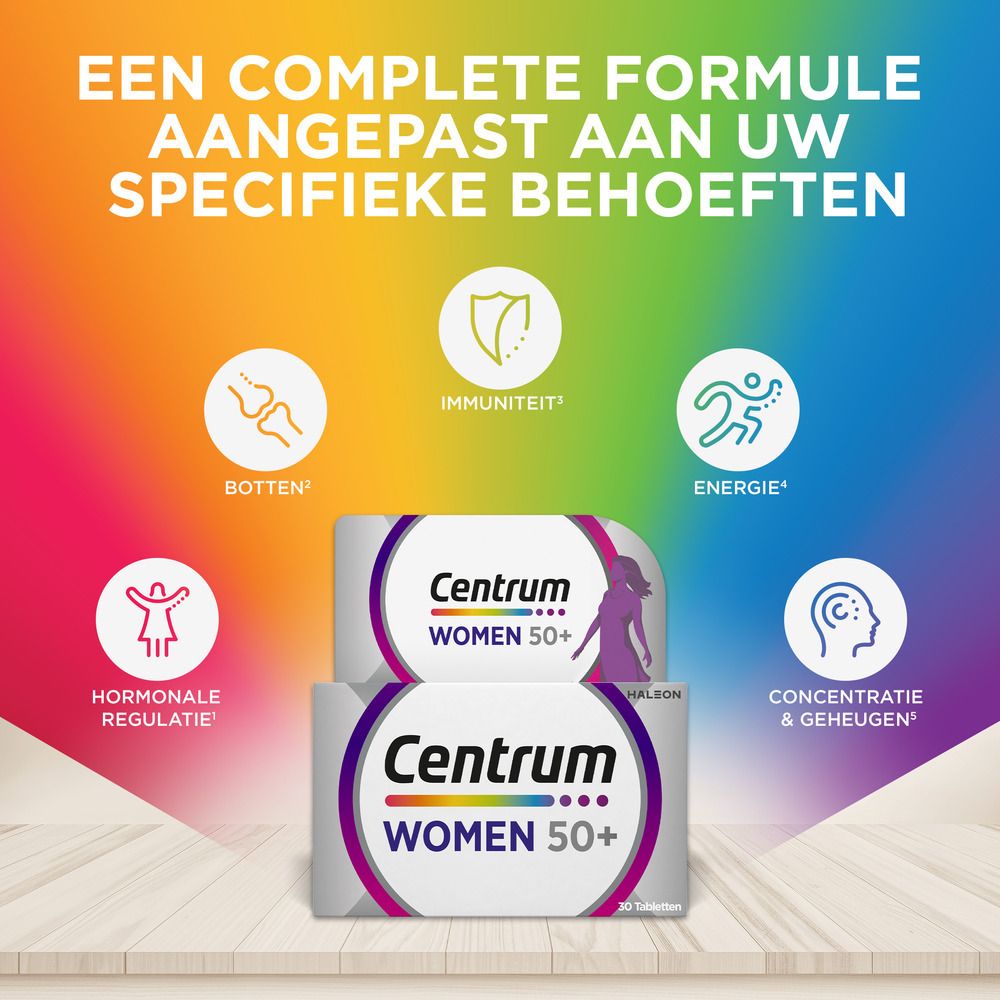 Centrum Women 50+ verpakking en fles. Bevat 13 vitaminen en 10 mineralen. Paars en wit.