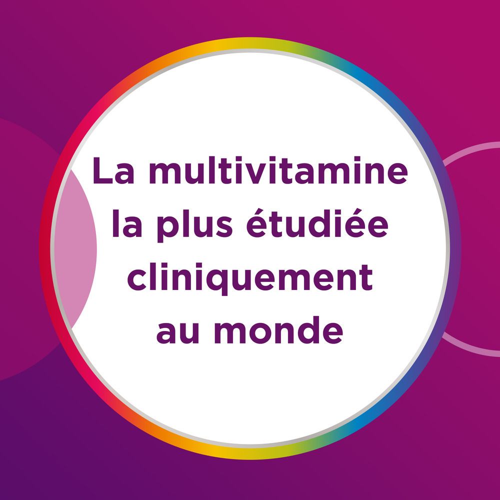 Boîte et flacon Centrum Women 50+. Contient 13 vitamines et 10 minéraux. Violet et blanc.
