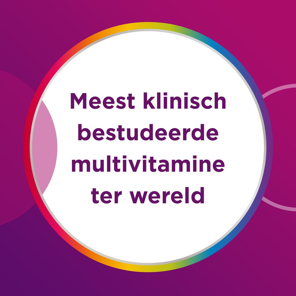 Centrum Women 50+ verpakking en fles. Bevat 13 vitaminen en 10 mineralen. Paars en wit.