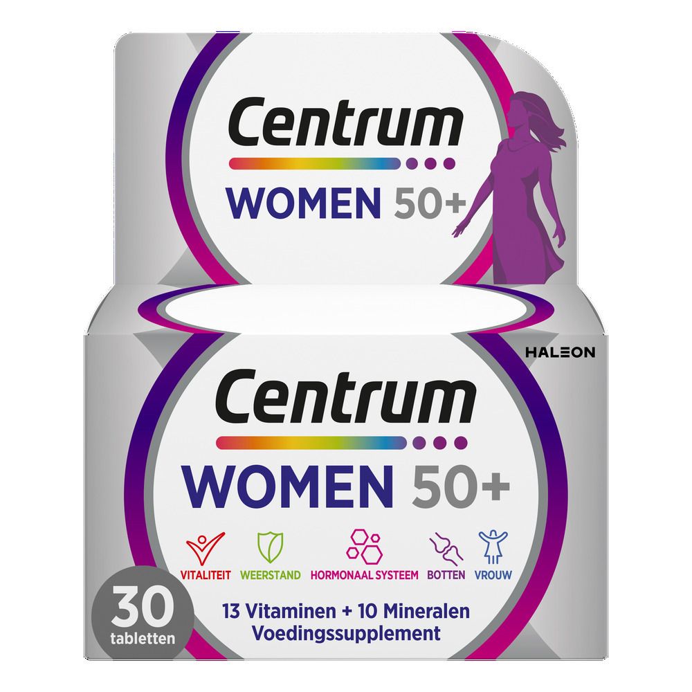 Centrum Women 50+ verpakking en fles. Bevat 13 vitaminen en 10 mineralen. Paars en wit.