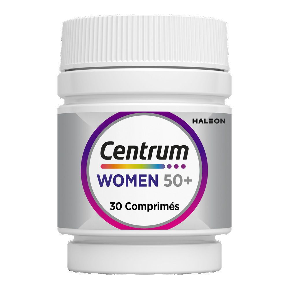 Flacon Centrum Women 50+. Contient 13 vitamines et 10 minéraux. Flacon blanc, étiquette violette.