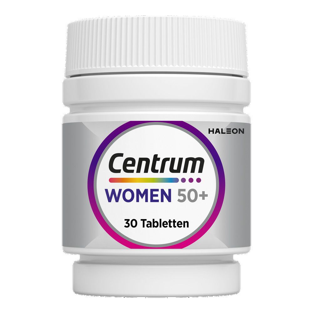 Centrum Women 50+ verpakking en fles. Bevat 13 vitaminen en 10 mineralen. Paars en wit.