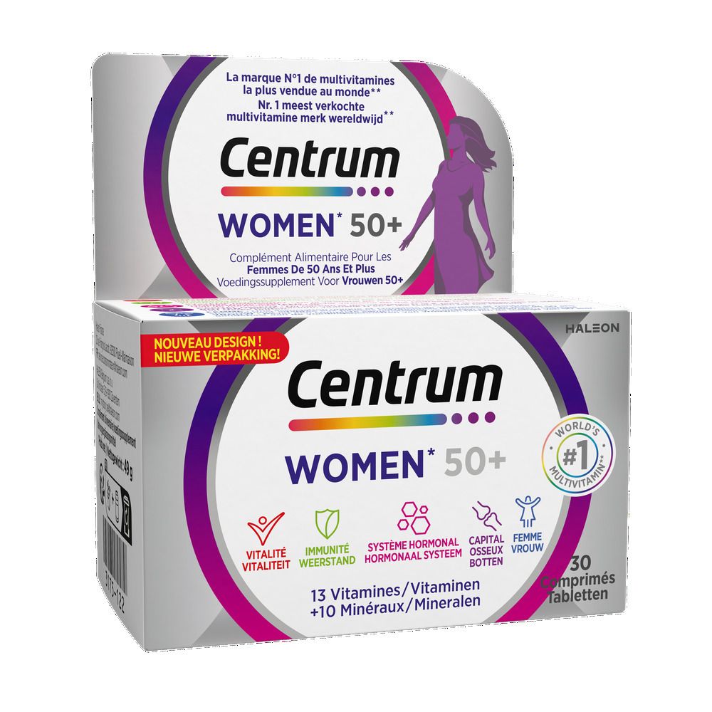Centrum Women 50+ fles. Bevat 13 vitaminen en 10 mineralen. Witte fles met paars etiket.