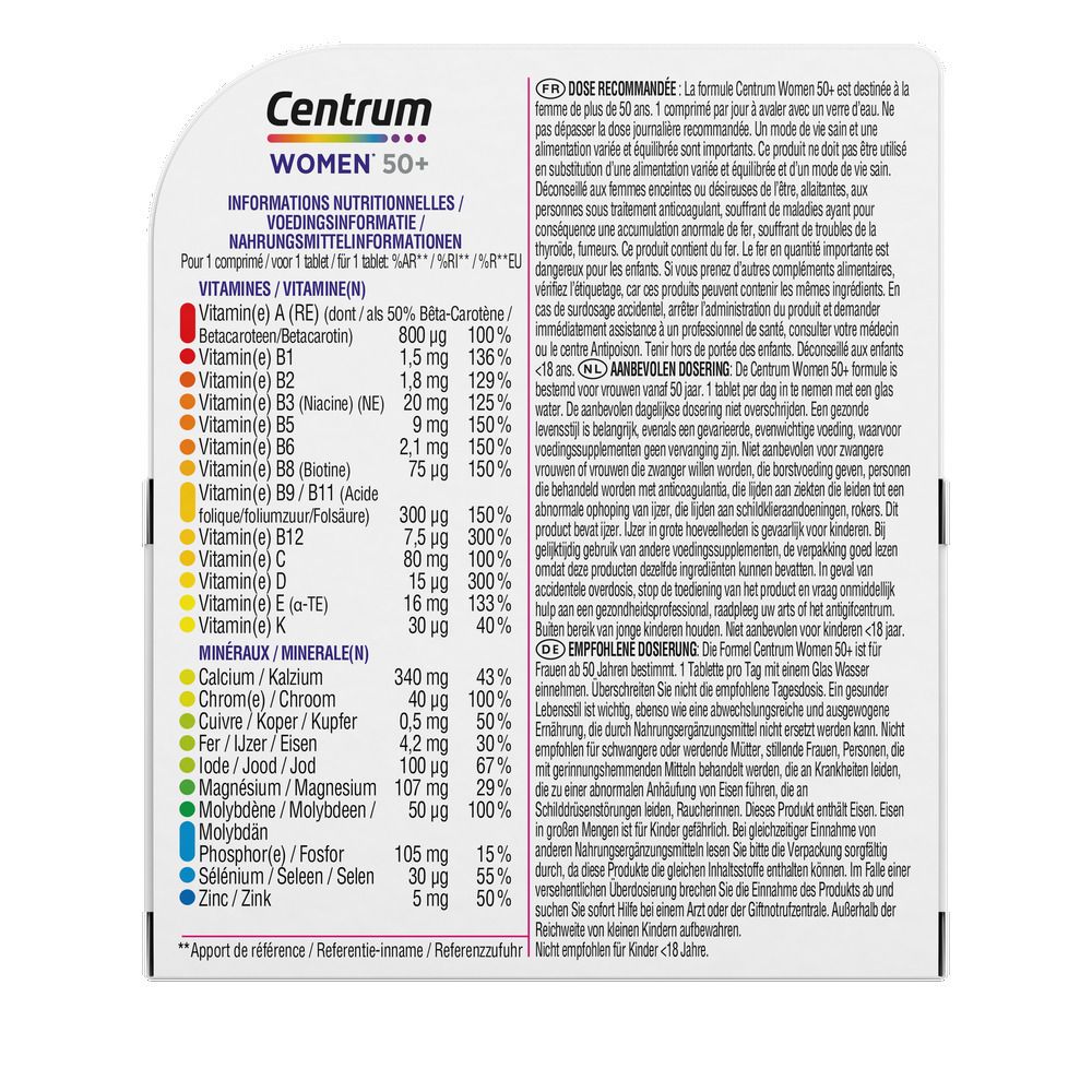 Centrum Women 50+ verpakking en fles. Bevat 13 vitaminen en 10 mineralen. Paars en wit.