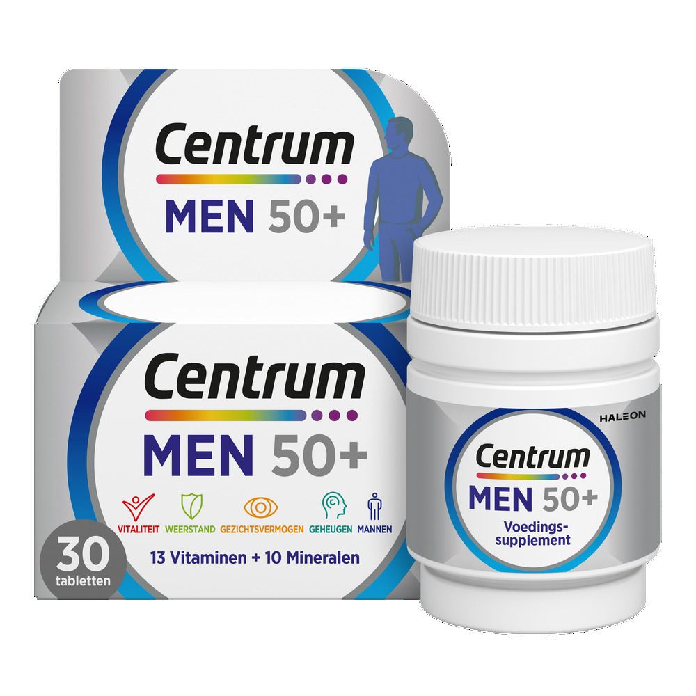 Centrum Men 50+ verpakking. Bevat 30 tabletten. Opschrift: 13 vitaminen + 10 mineralen. Wit-blauwe verpakking.