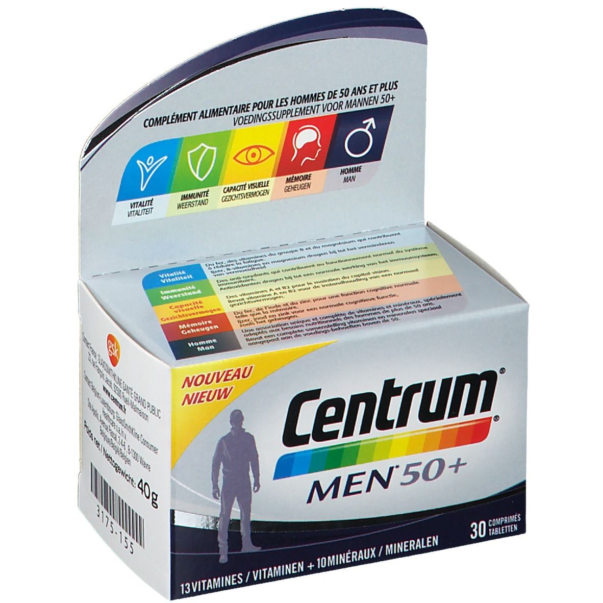 Centrum Men 50+ verpakking. Bevat 30 tabletten. Opschrift: 13 vitaminen + 10 mineralen. Wit-blauwe verpakking.