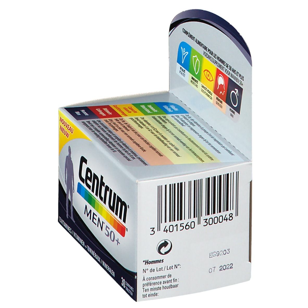 Centrum Men 50+ verpakking. Bevat 30 tabletten. Opschrift: 13 vitaminen + 10 mineralen. Wit-blauwe verpakking.