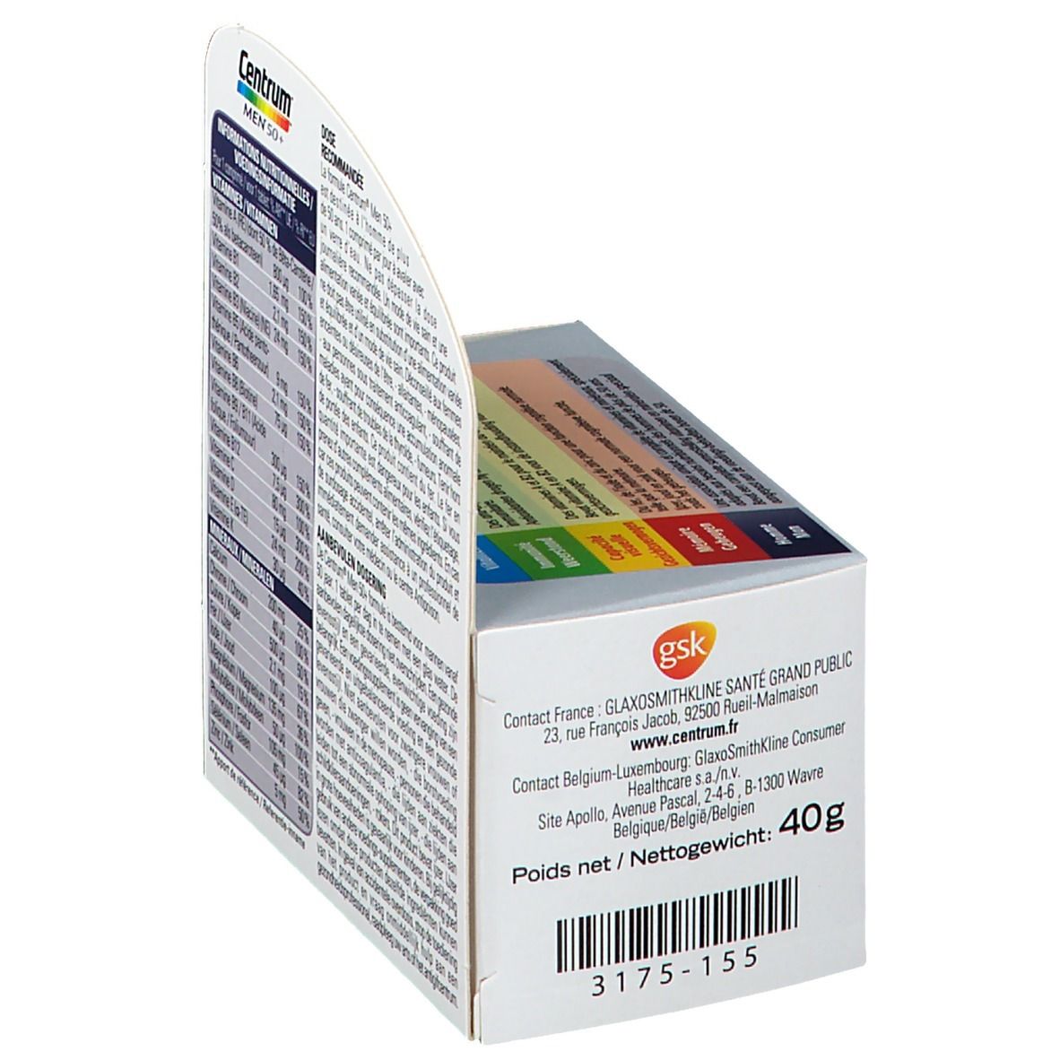 Zijaanzicht van de Centrum Men 50+ verpakking. Bevat informatie over vitaminen en mineralen. Wit-blauwe verpakking.
