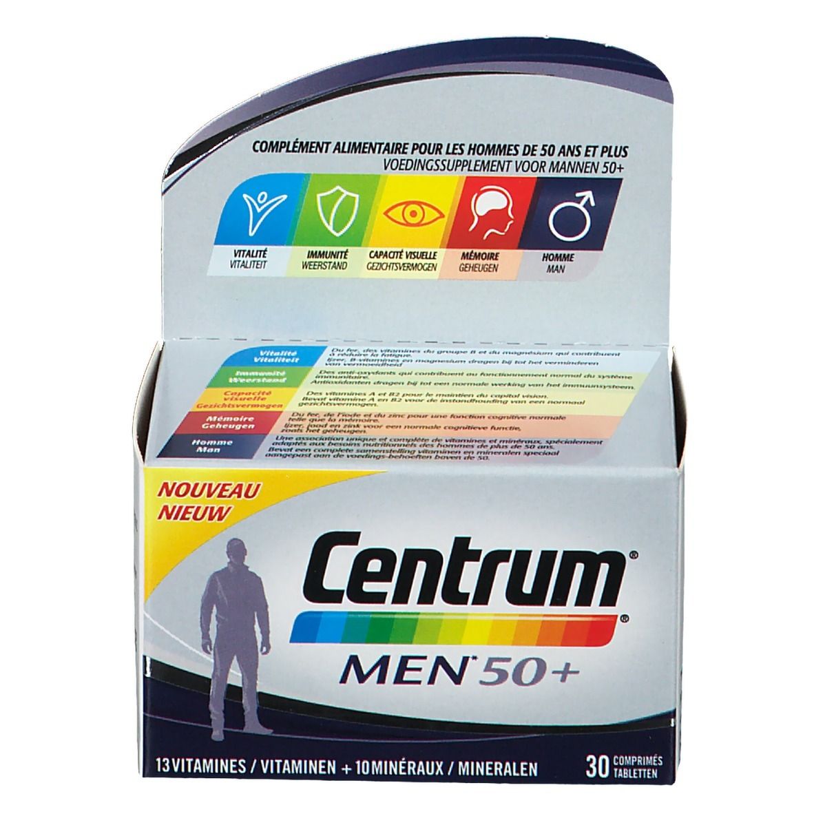 Centrum Men 50+ verpakking. Bevat 30 tabletten. Opschrift: 13 vitaminen + 10 mineralen. Wit-blauwe verpakking.