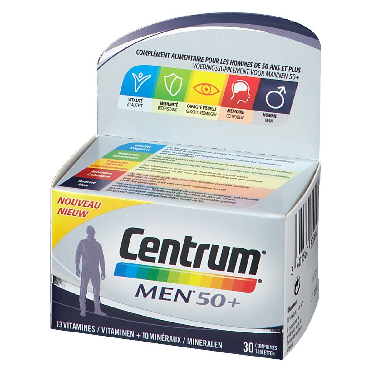 Centrum Men 50+ verpakking. Bevat 30 tabletten. Opschrift: 13 vitaminen + 10 mineralen. Wit-blauwe verpakking.