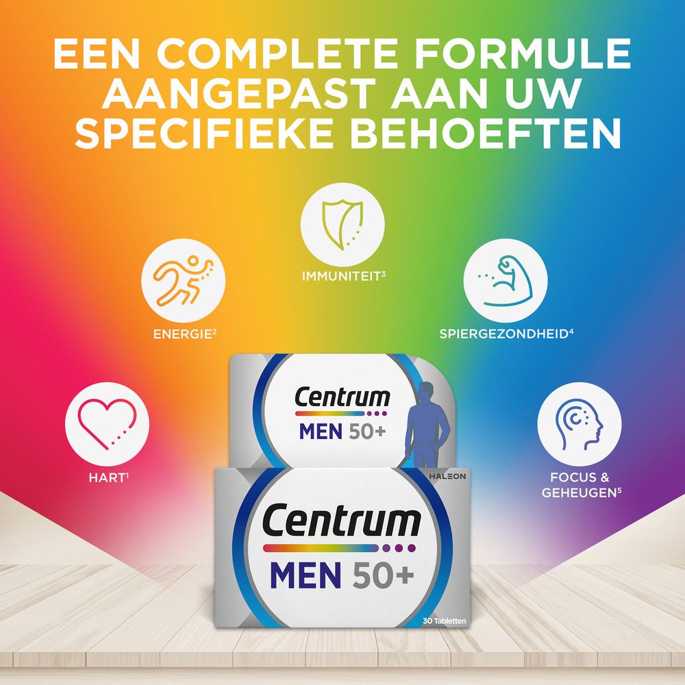 Centrum Men 50+ verpakking. Bevat 30 tabletten. Opschrift: 13 vitaminen + 10 mineralen. Wit-blauwe verpakking.