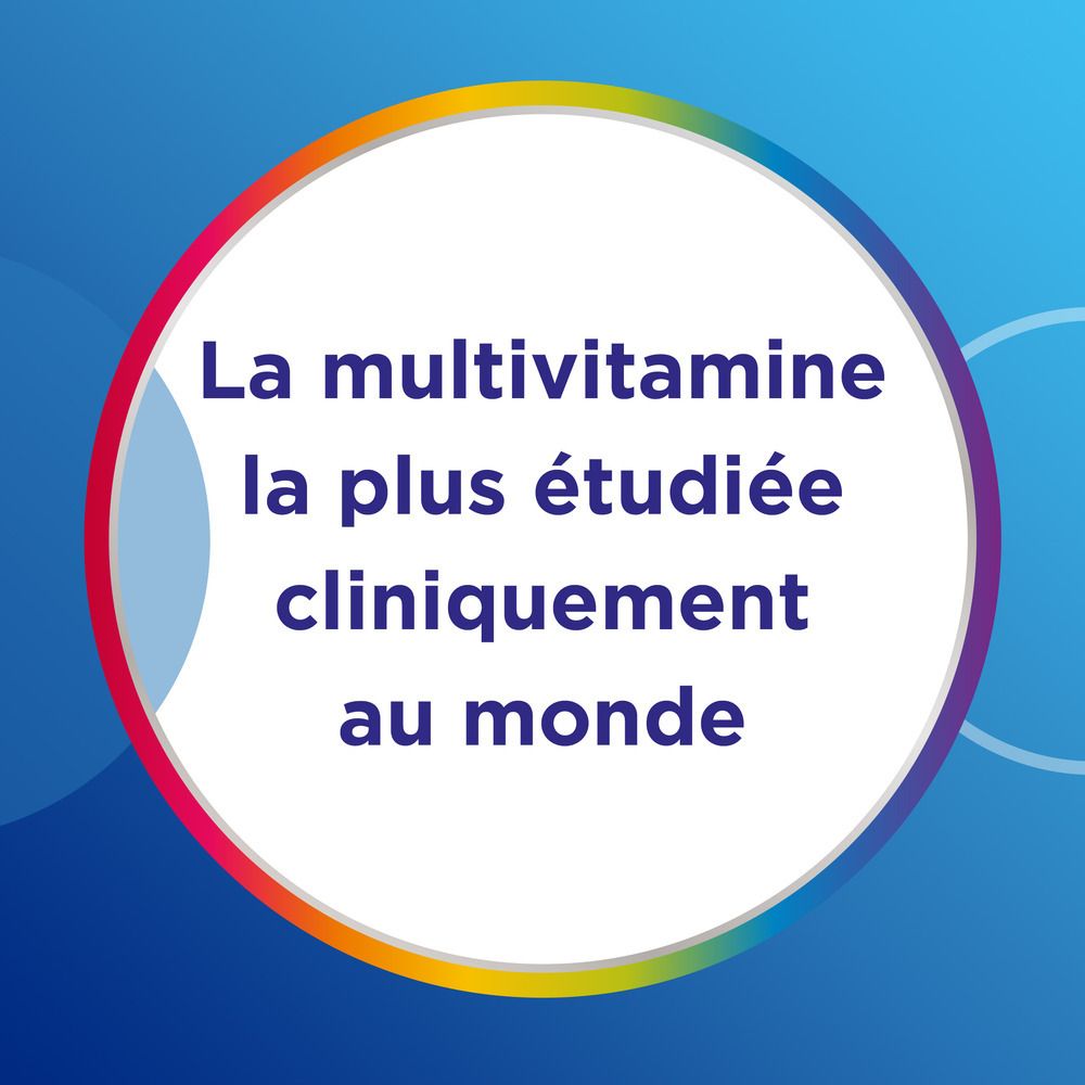Graphique circulaire avec texte : La multivitamine la plus étudiée cliniquement au monde.