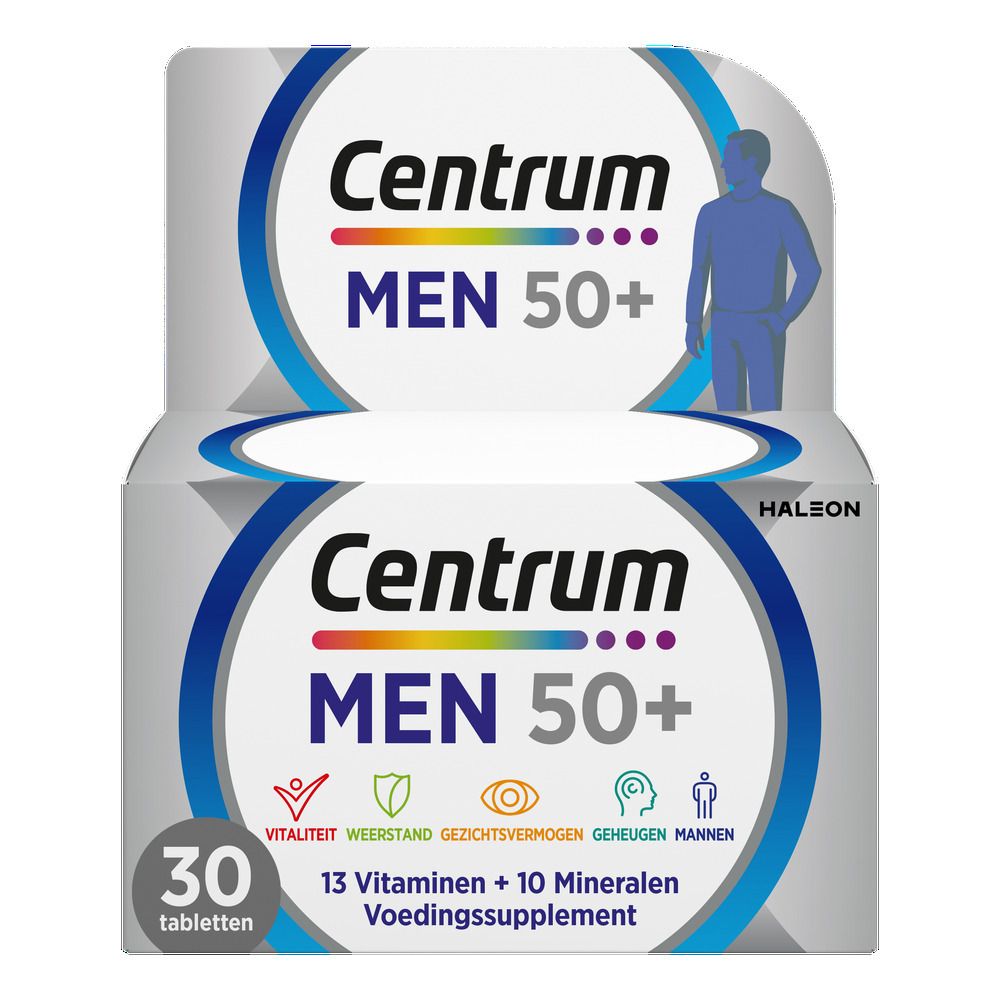 Centrum Men 50+ verpakking. Bevat 30 tabletten. Opschrift: 13 vitaminen + 10 mineralen. Wit-blauwe verpakking.