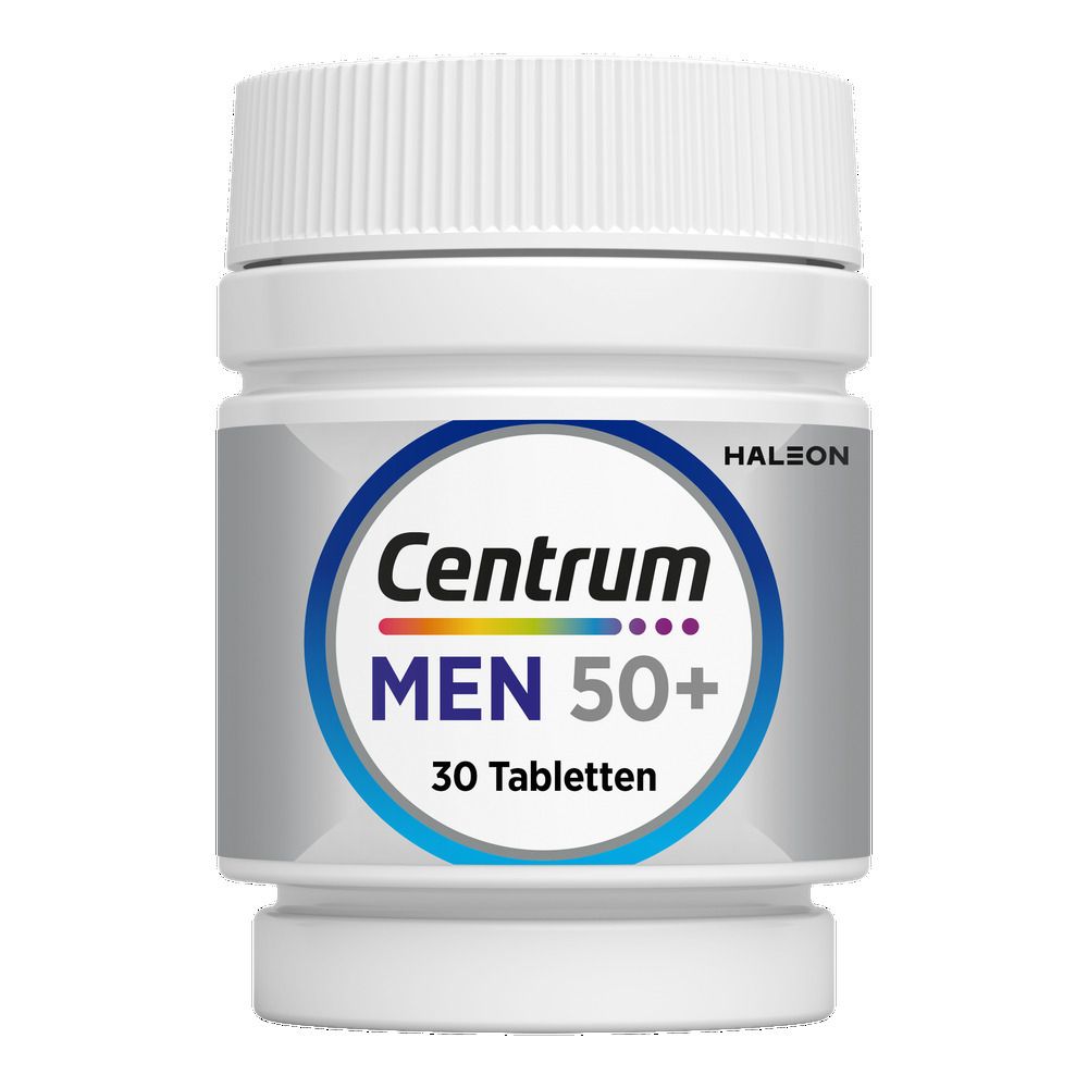 Centrum Men 50+ verpakking en fles. Bevat 30 tabletten. Opschrift: 13 vitaminen + 10 mineralen. Wit-blauwe verpakking.