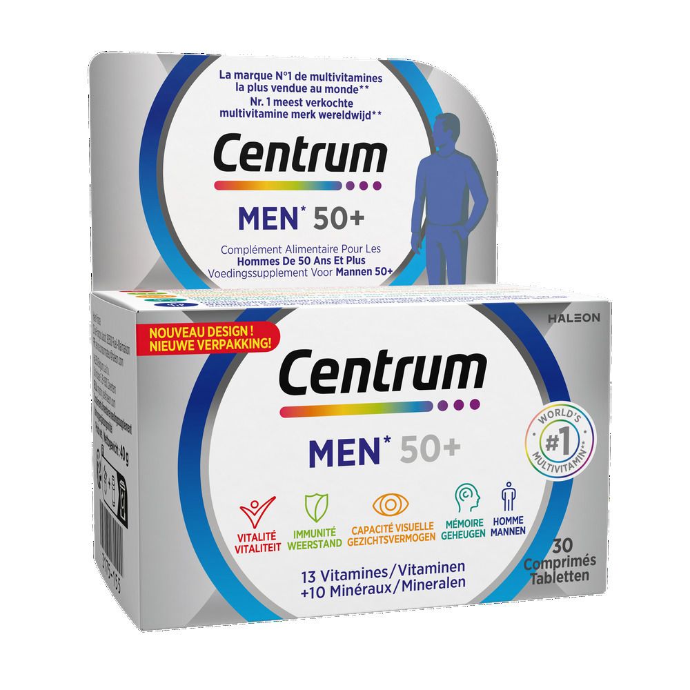 Centrum Men 50+ verpakking en fles. Bevat 30 tabletten. Opschrift: 13 vitaminen + 10 mineralen. Wit-blauwe verpakking.