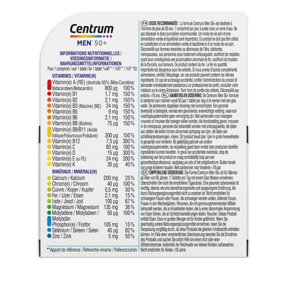 Centrum Men 50+ verpakking en fles. Bevat 30 tabletten. Opschrift: 13 vitaminen + 10 mineralen. Wit-blauwe verpakking.