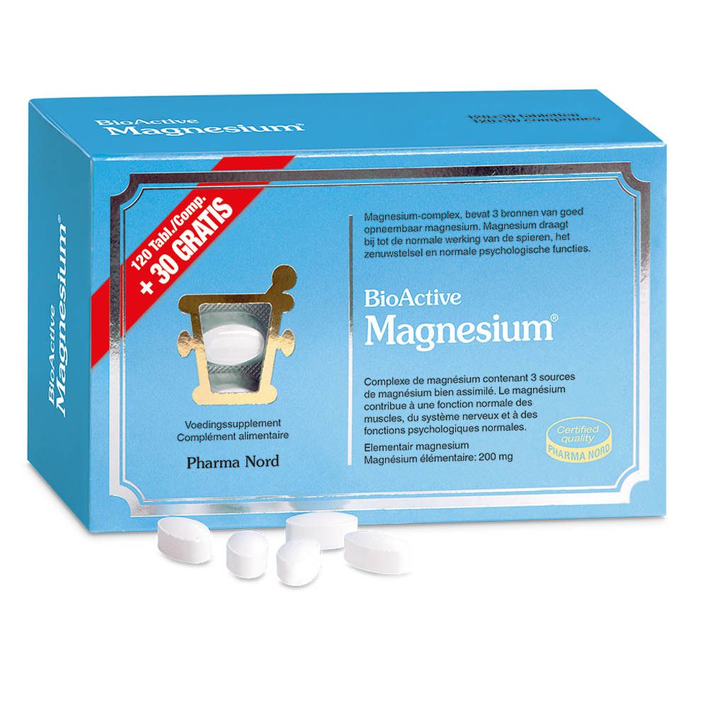 Boîte bleu clair "BioActive Magnesium" avec comprimés. "+30 GRATIS". Comprimés à côté.