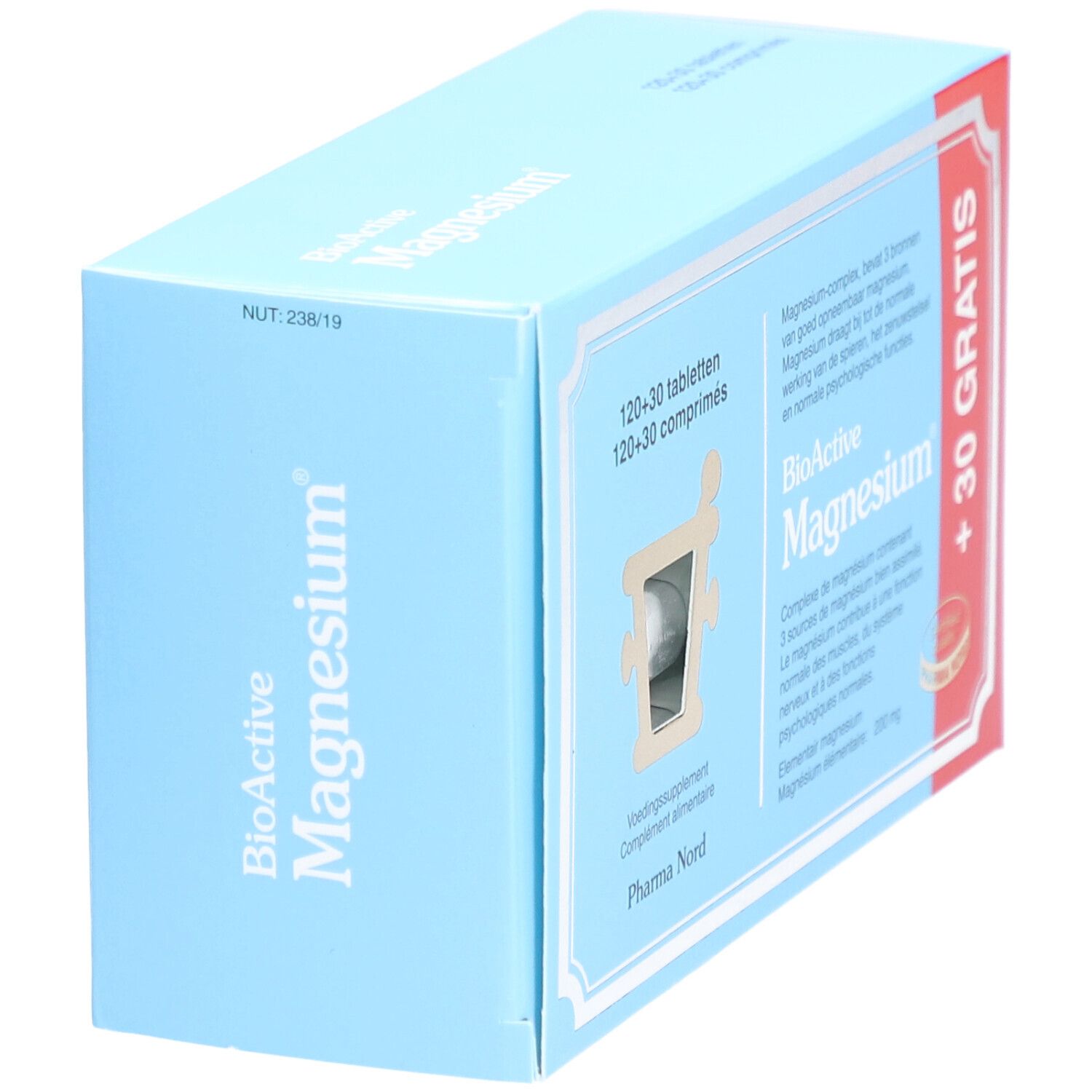 Boîte bleu clair "BioActive Magnesium". Fenêtre avec comprimés. Logo Pharma Nord. Texte multilingue.