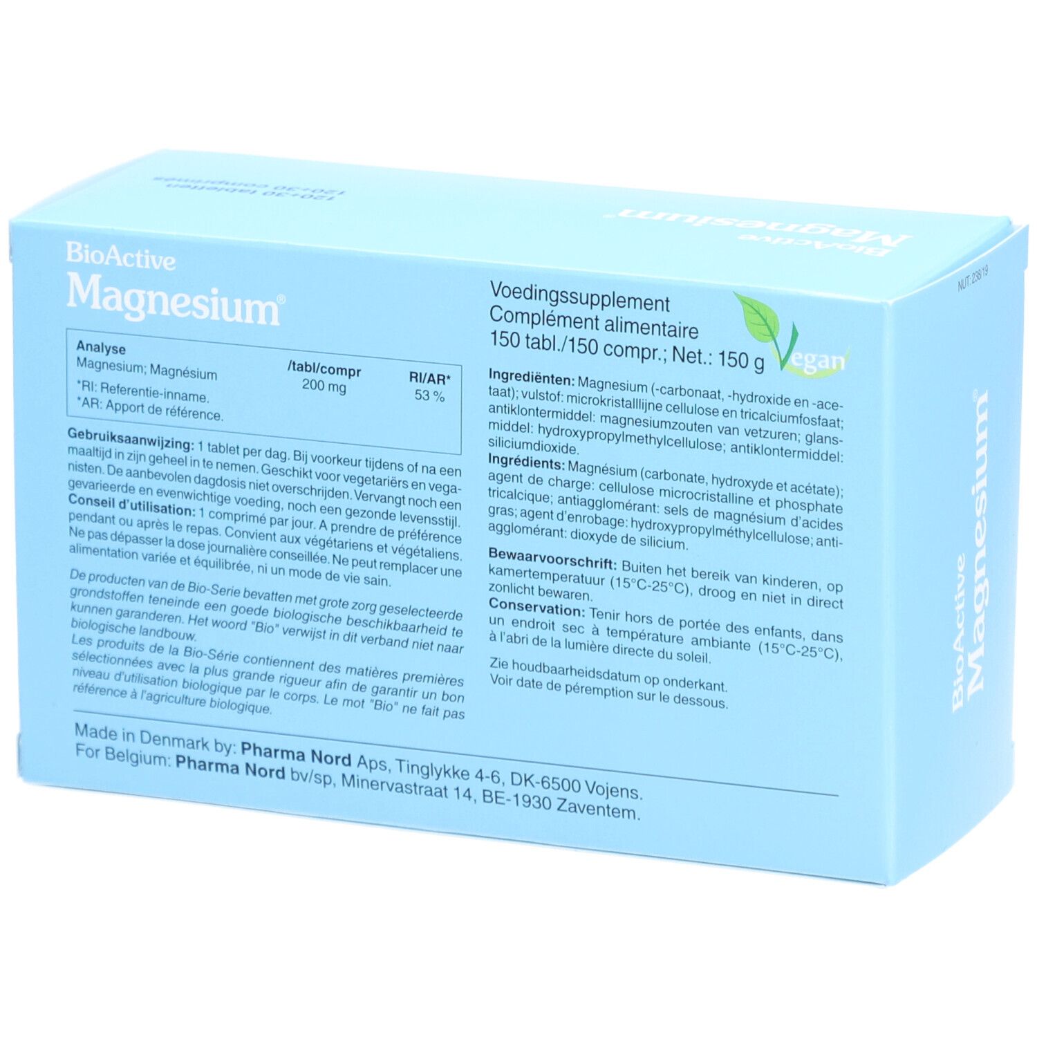 Boîte bleu clair "BioActive Magnesium". Dos avec texte multilingue. Logo vegan.