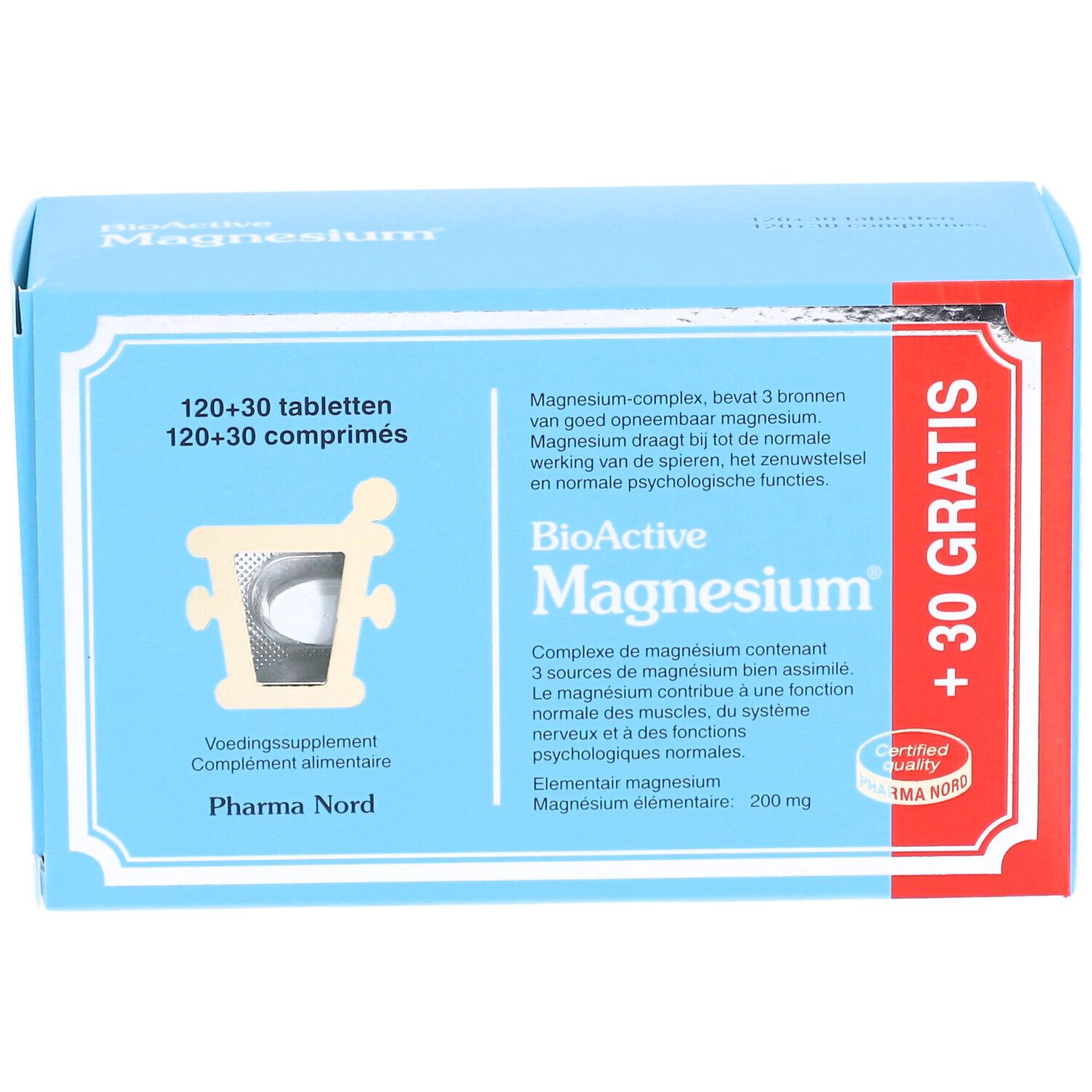 Boîte bleu clair "BioActive Magnesium" avec comprimés. "+30 GRATIS". Logo Pharma Nord. Logo de certification.
