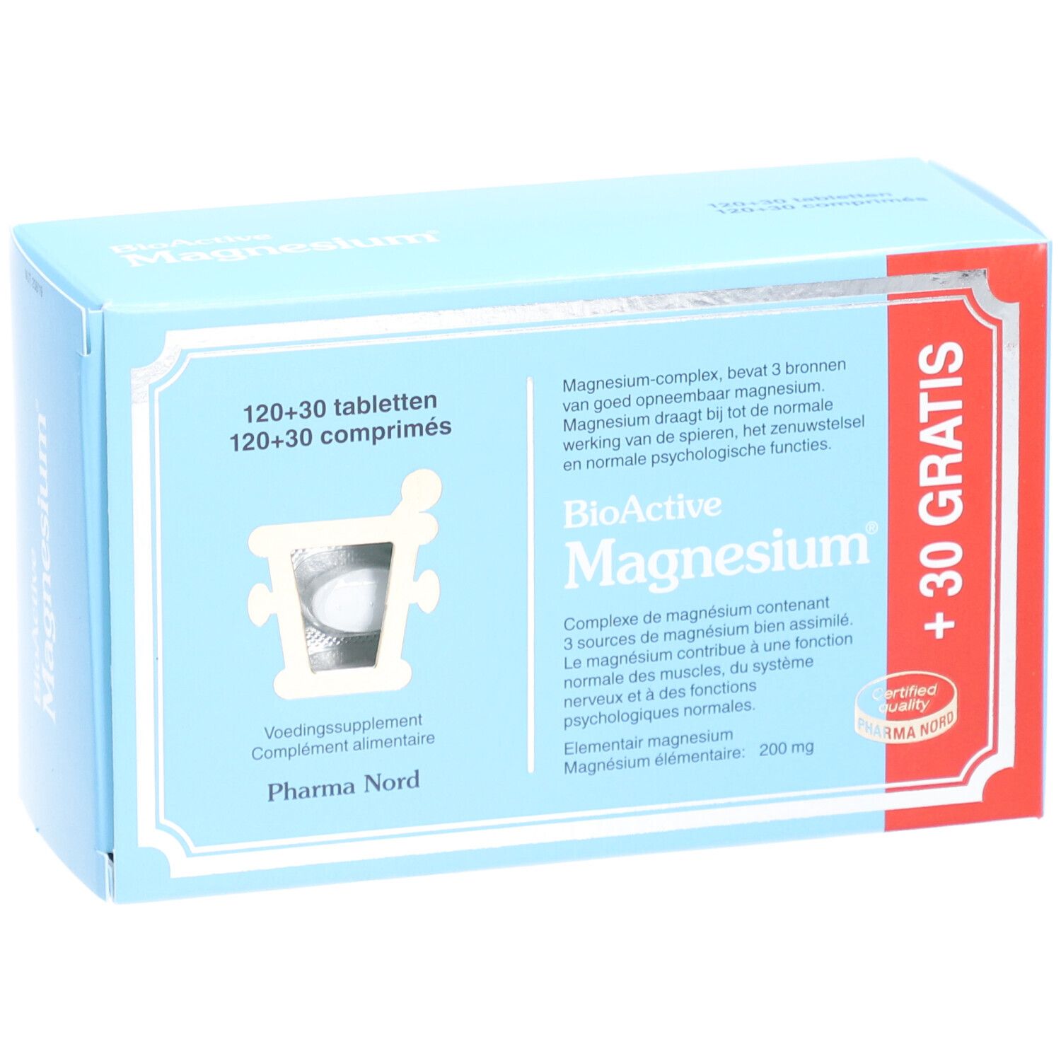 Boîte bleu clair "BioActive Magnesium" avec comprimés. "+30 GRATIS". Logo Pharma Nord. Logo de certification.