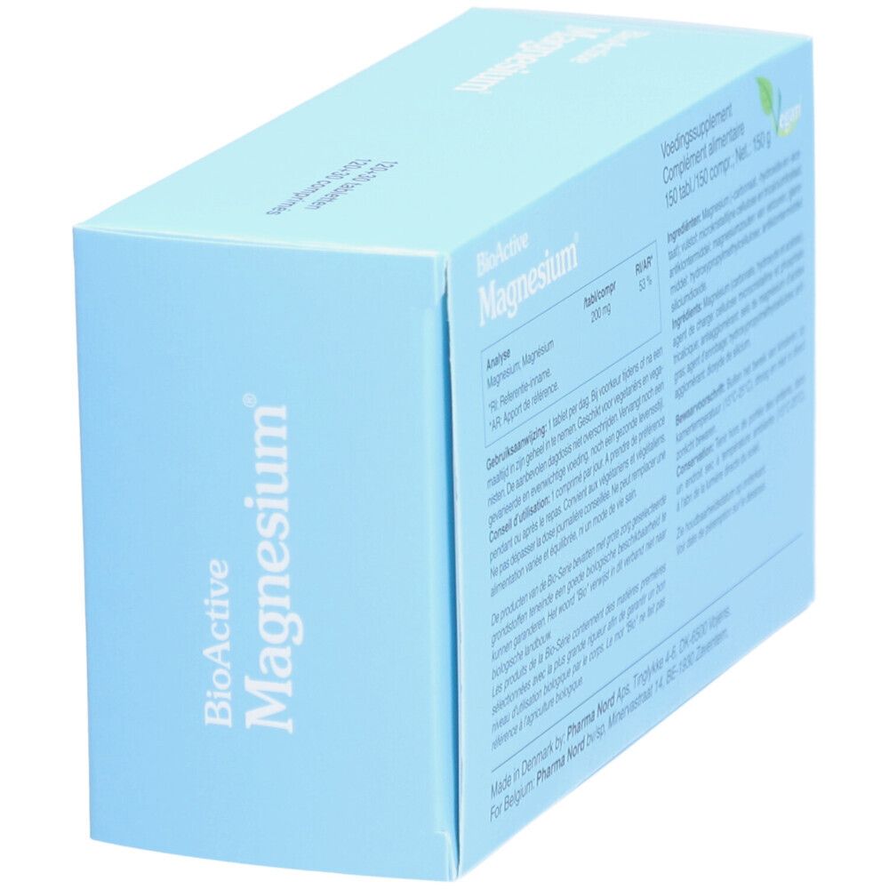 Boîte bleu clair "BioActive Magnesium". Dos avec texte multilingue. Logo vegan.