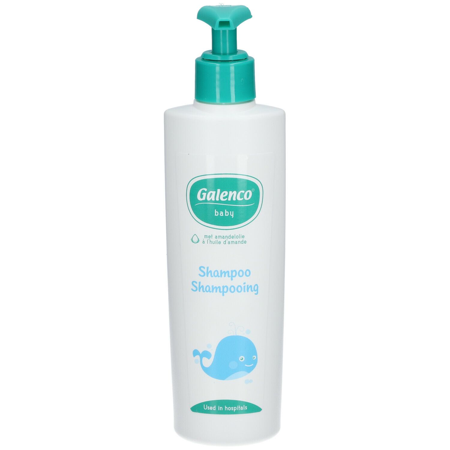 Flacon blanc avec pompe verte. Inscription Galenco baby, Shampooing. Design baleine bleue.