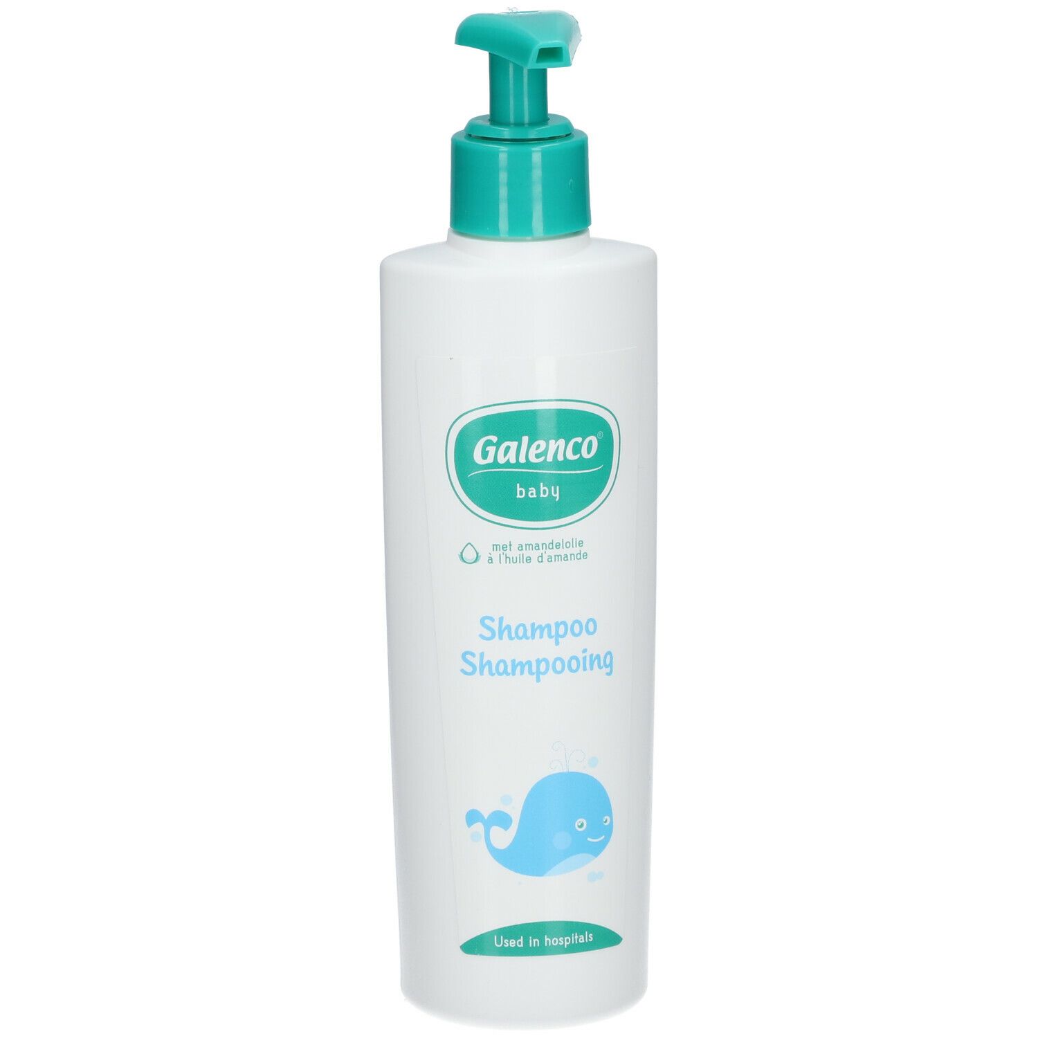 Flacon blanc avec pompe verte. Inscription Galenco baby, Shampooing. Design baleine bleue.