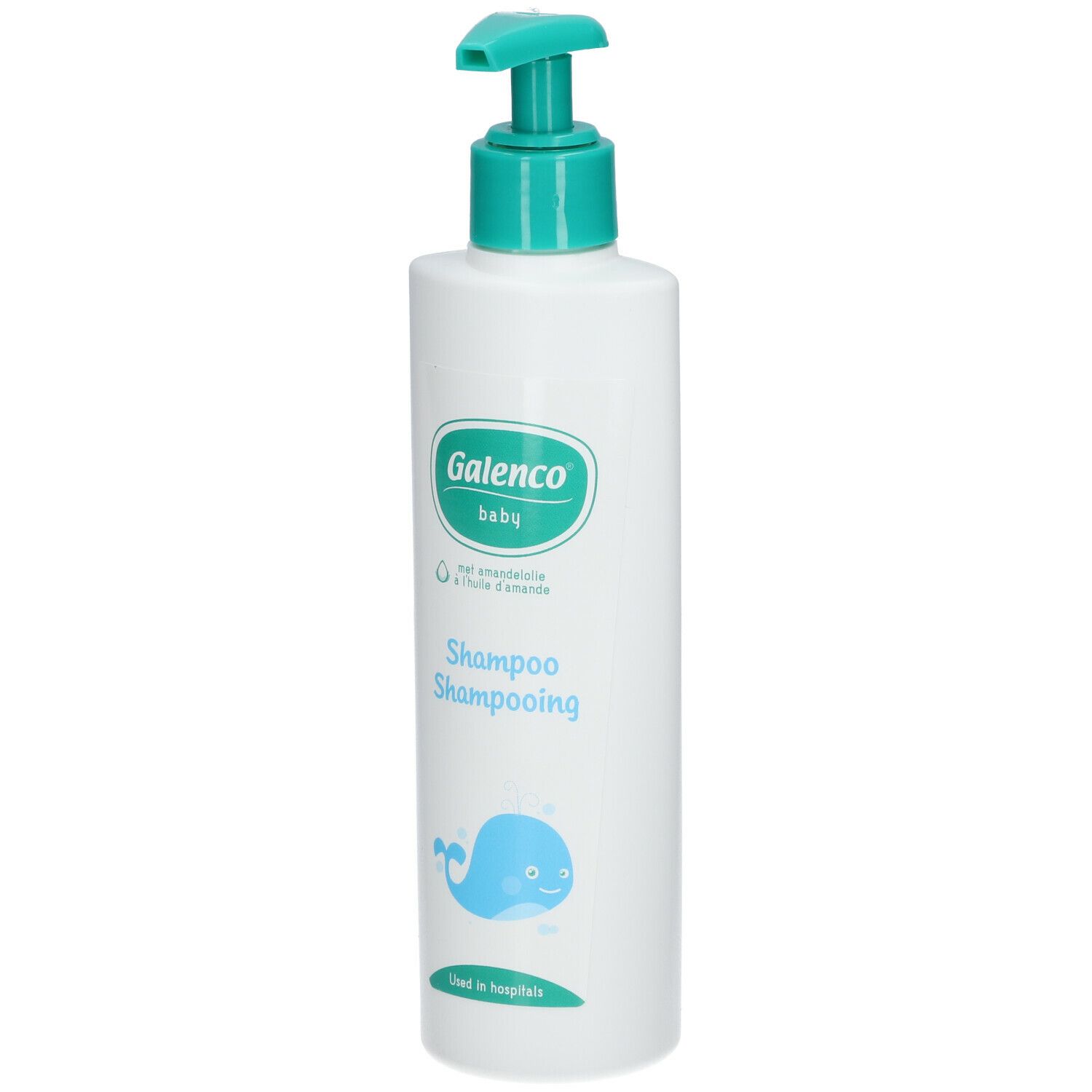 Flacon blanc avec pompe verte. Inscription Galenco baby, Shampooing. Design baleine bleue.