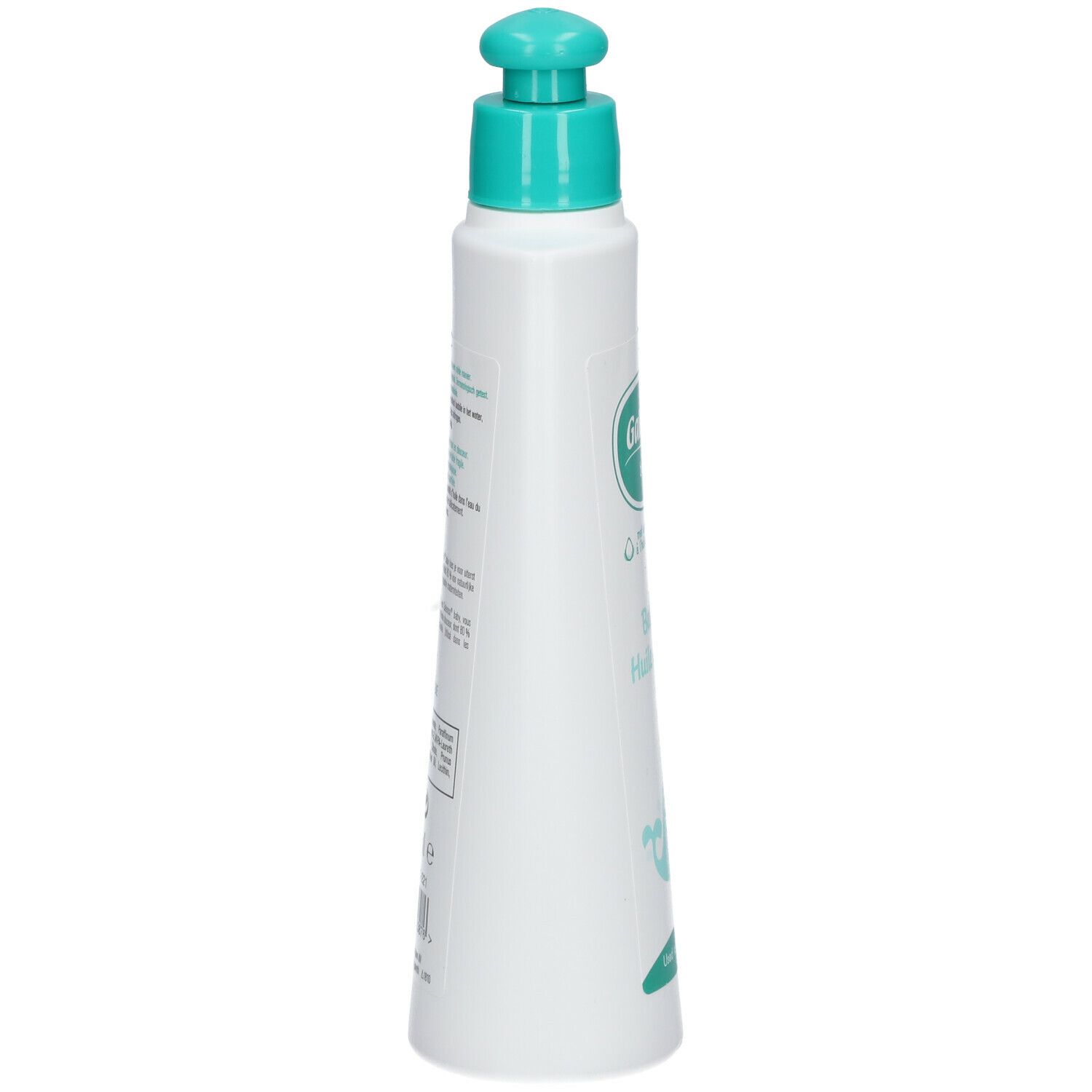 Flacon blanc avec pompe bleu-vert, vue latérale. Texte et illustrations. Informations produit.