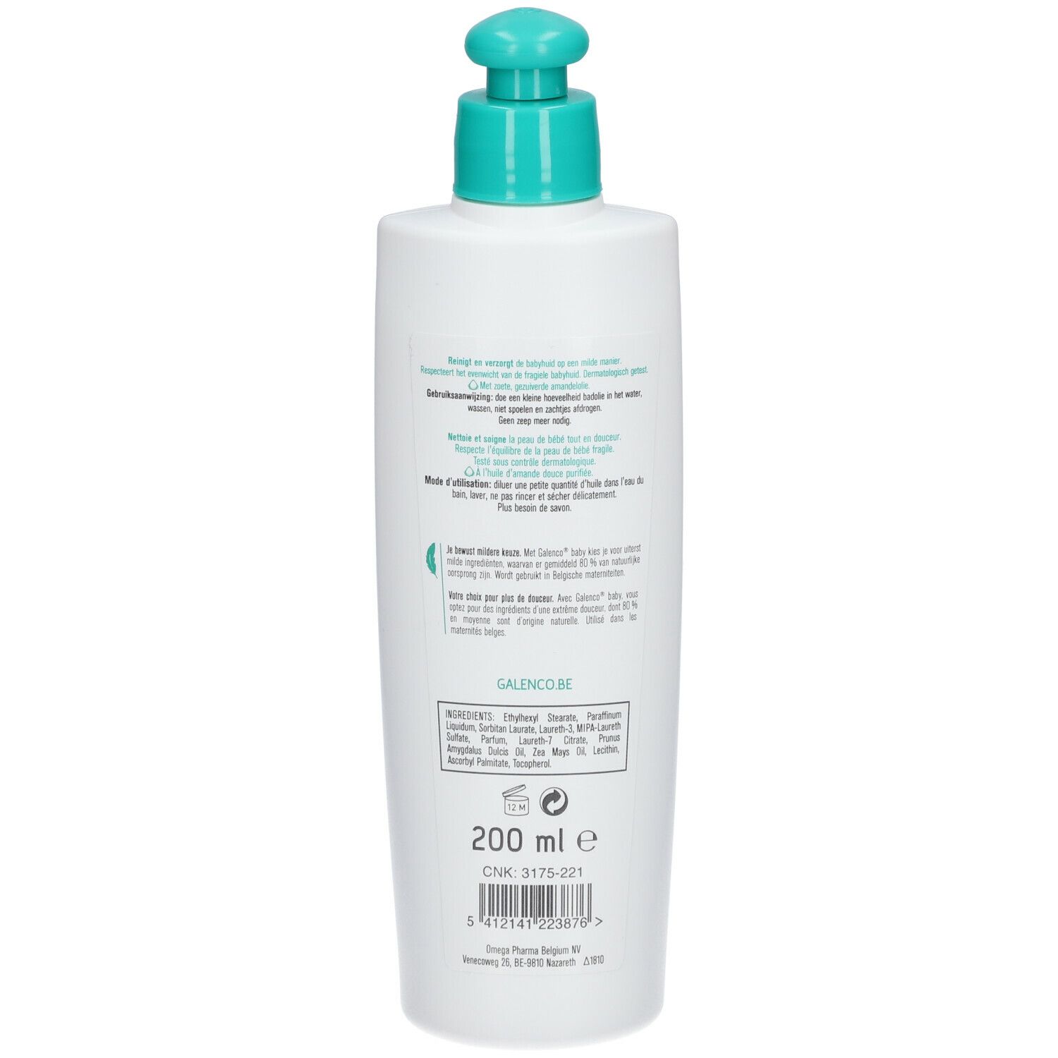 Dos d'un flacon blanc avec pompe bleu-vert. Texte, informations produit, ingrédients et volume 200 ml.