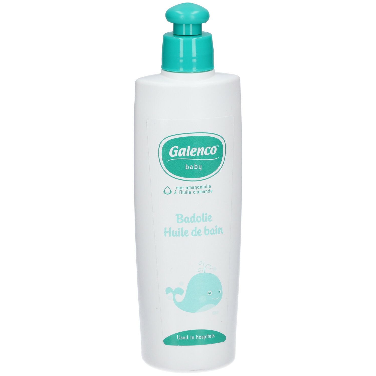 Flacon blanc avec pompe bleu-vert. Inscription Galenco baby, Badolie Huile de bain. Illustration de baleine.