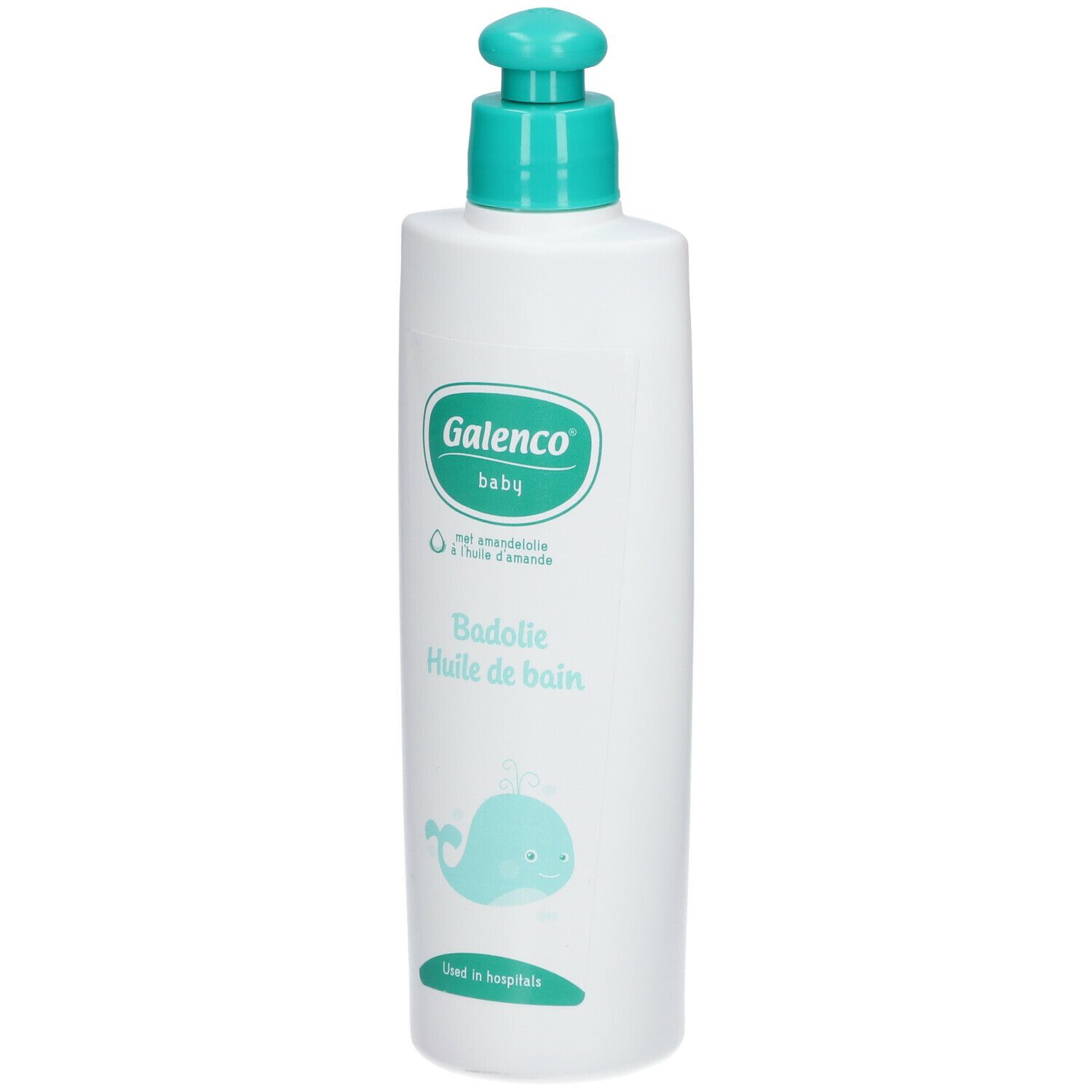 Flacon blanc avec pompe bleu-vert. Inscription Galenco baby, Badolie Huile de bain. Illustration de baleine.