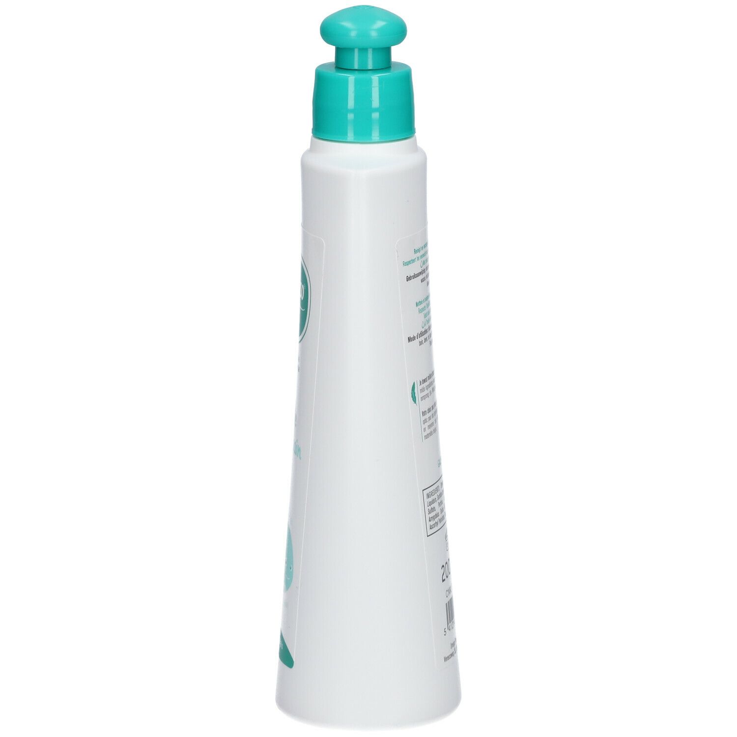 Flacon blanc avec pompe bleu-vert, vue latérale. Texte et illustrations. Informations produit.