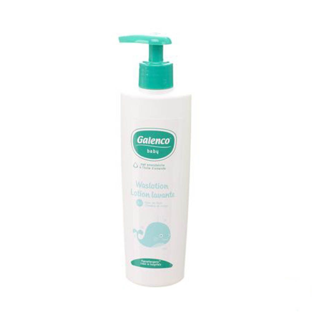 Flacon blanc avec pompe verte. Inscription: Galenco baby, Waslotion, Lotion lavante. Illustration de baleine.
