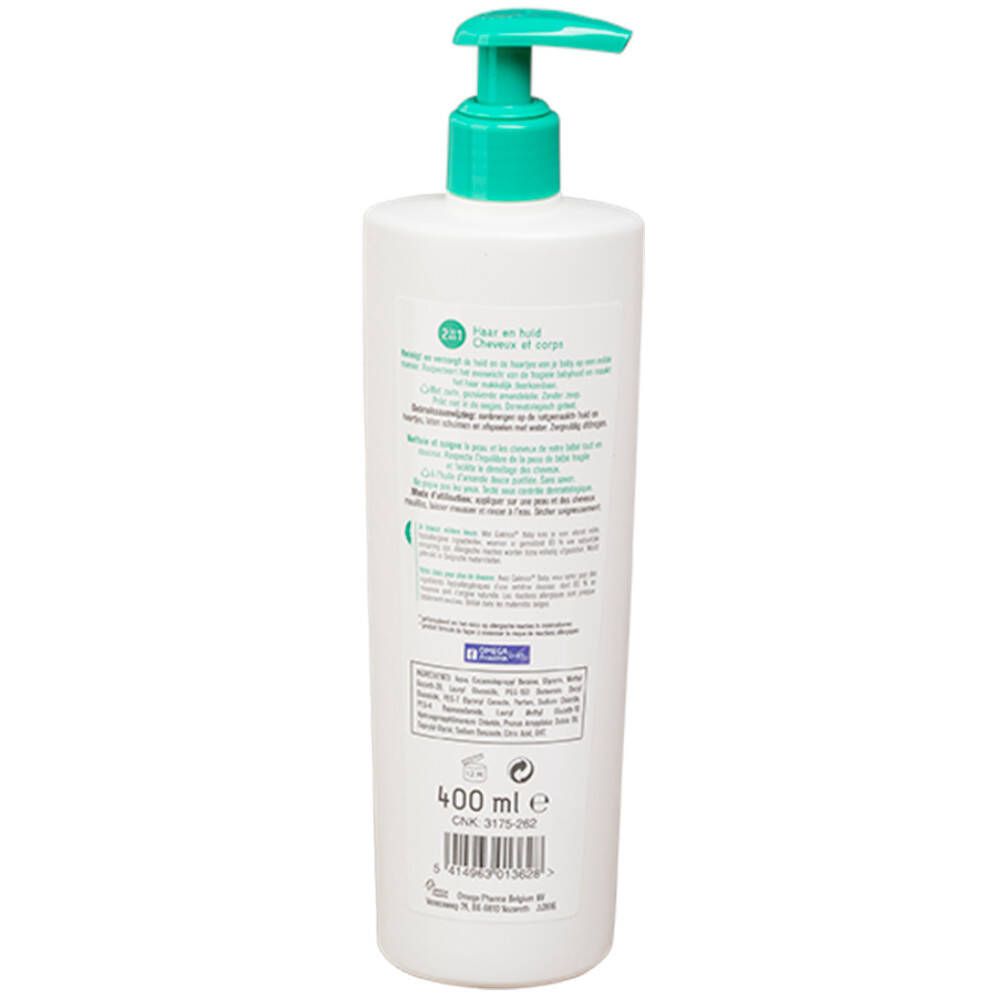 Dos d'un flacon blanc avec pompe verte. Texte multilingue. Volume: 400 ml.