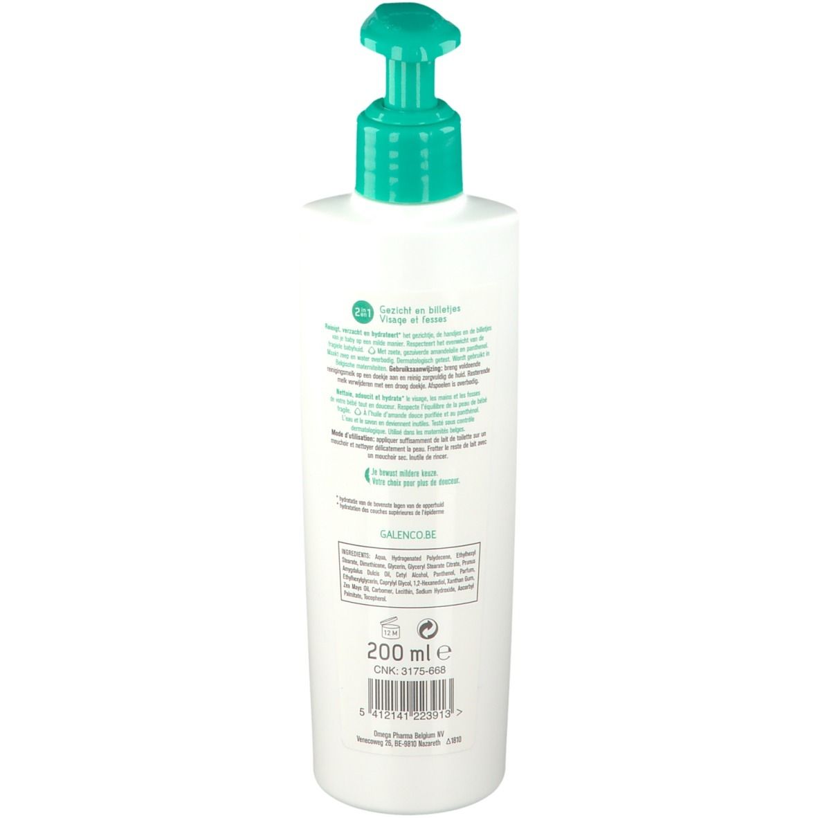 Dos du flacon blanc. Texte et informations sur l'étiquette. En bas: 200 ml et code-barres.