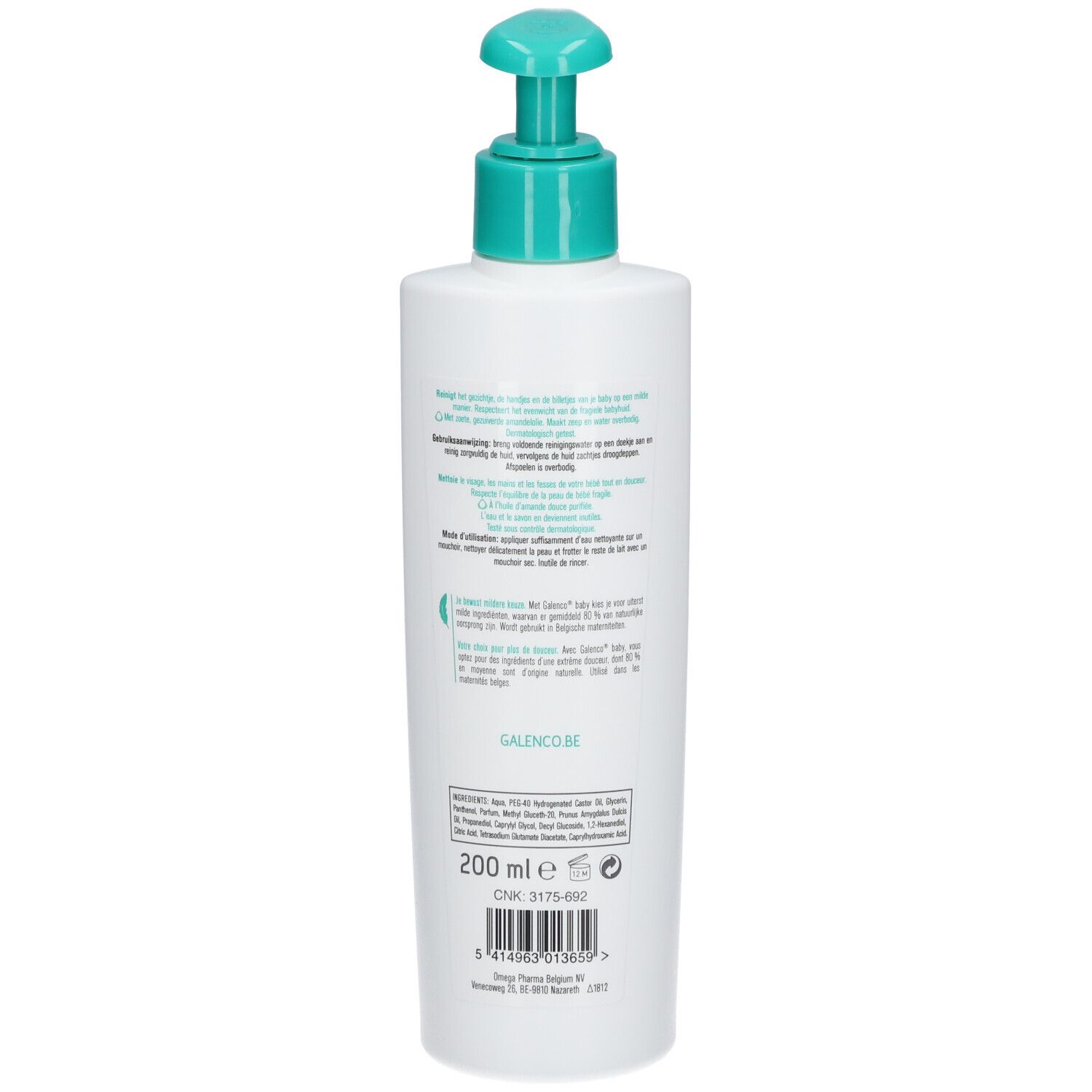 Dos d'un flacon blanc avec pompe verte. Texte et logos sur l'étiquette. 200 ml.
