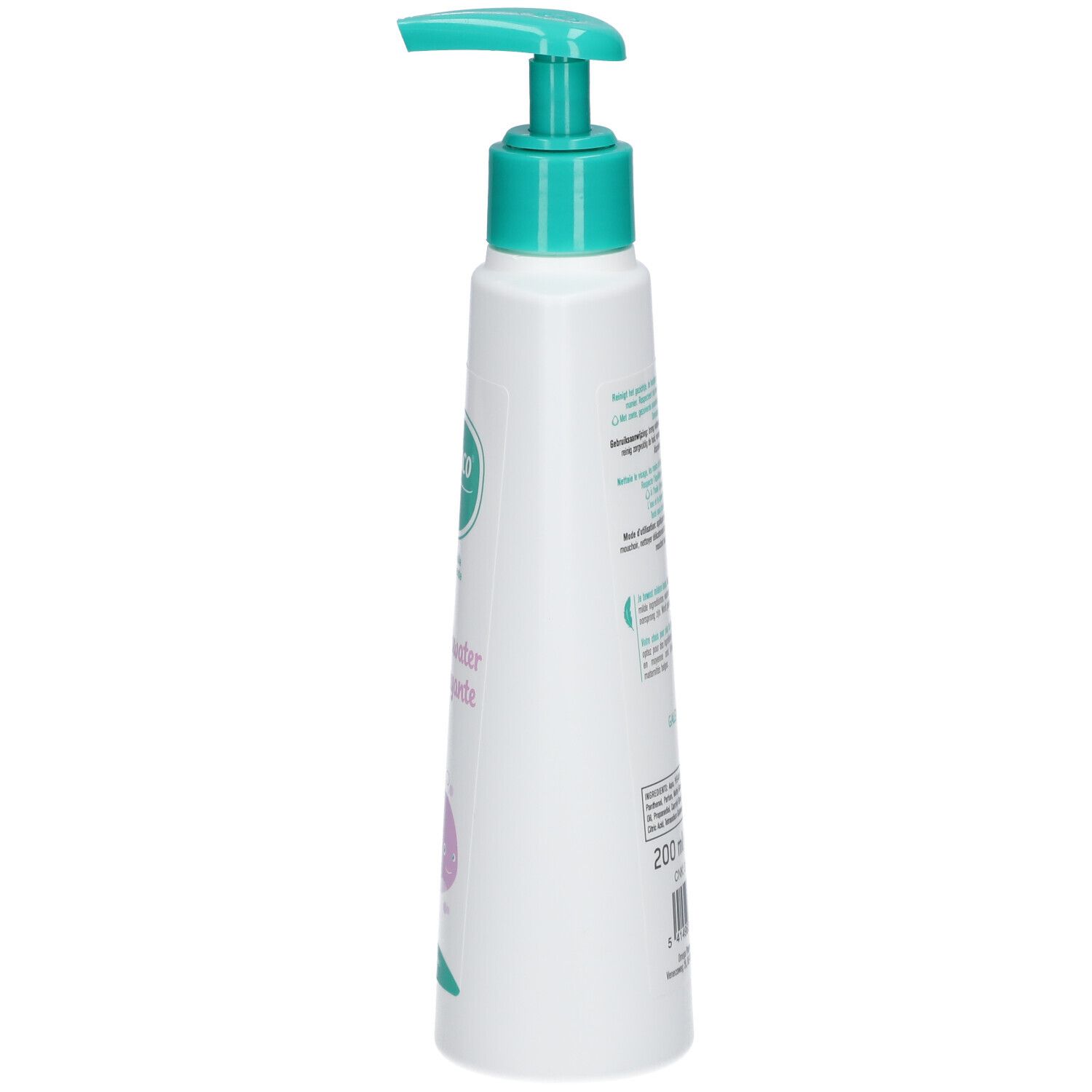 Flacon blanc avec pompe verte, vue latérale. Texte et logos sur le flacon. Étiquette avec texte. 200 ml.