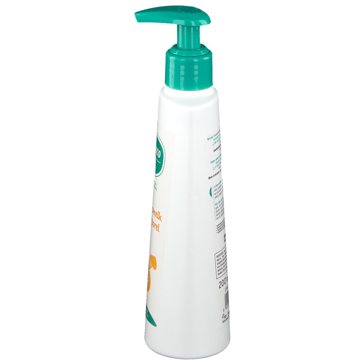 Witte fles met groene pomp. Tekst en informatie op de zijkant. 200 ml.