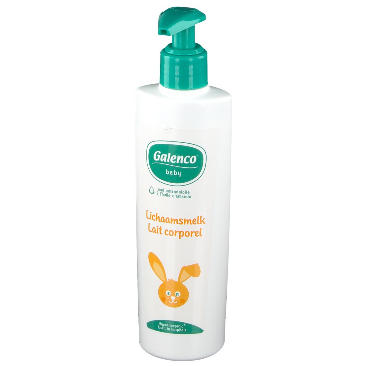 Witte fles met groene pomp. Opschrift: Galenco baby, Lichaamsmelk, Lait corporel. Oranje konijn.